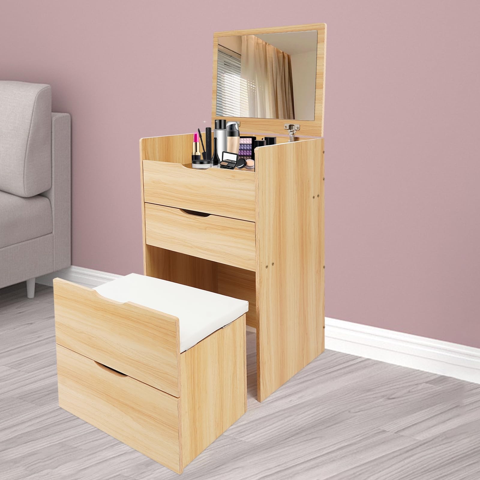 Compact 3-in-1 Flip Top Vanity Desk with Mirror 3 Drawers Stool Log Color