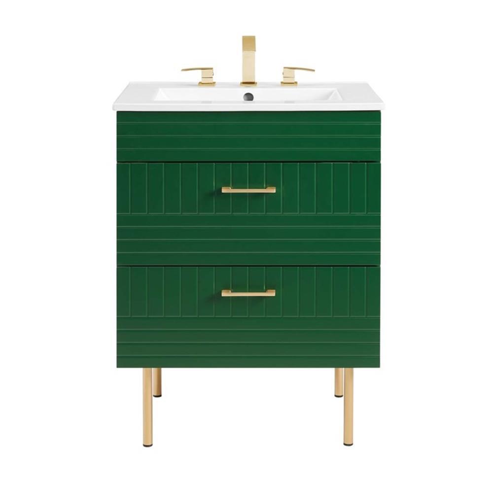 Modway Daybreak 24″ Modern Wood/Ceramic Bathroom Vanity with Gold Legs in Green