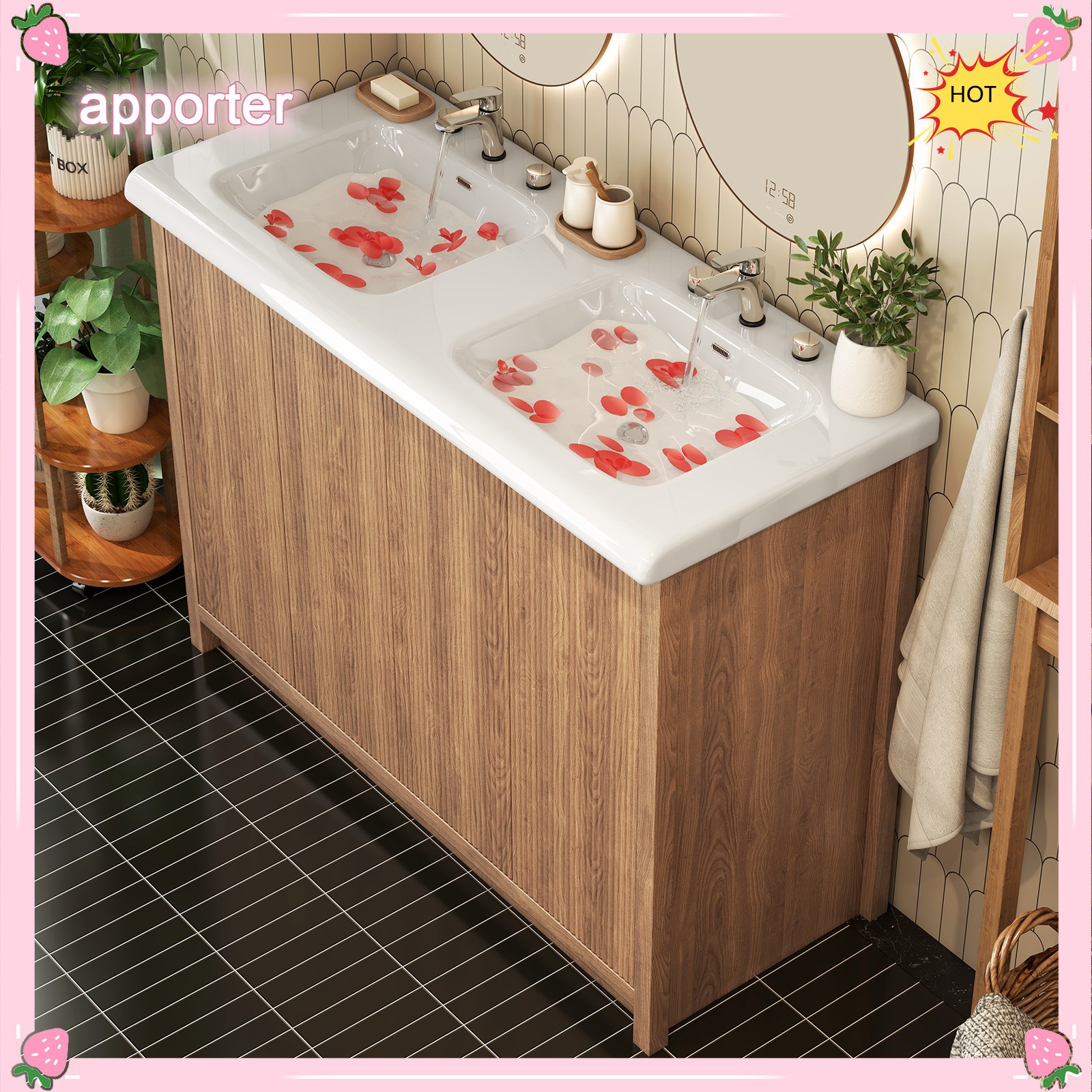 47.3″ Double Sink Bathroom Vanity Wood Grain Modern 2 Basin Storage Cabinet NEW