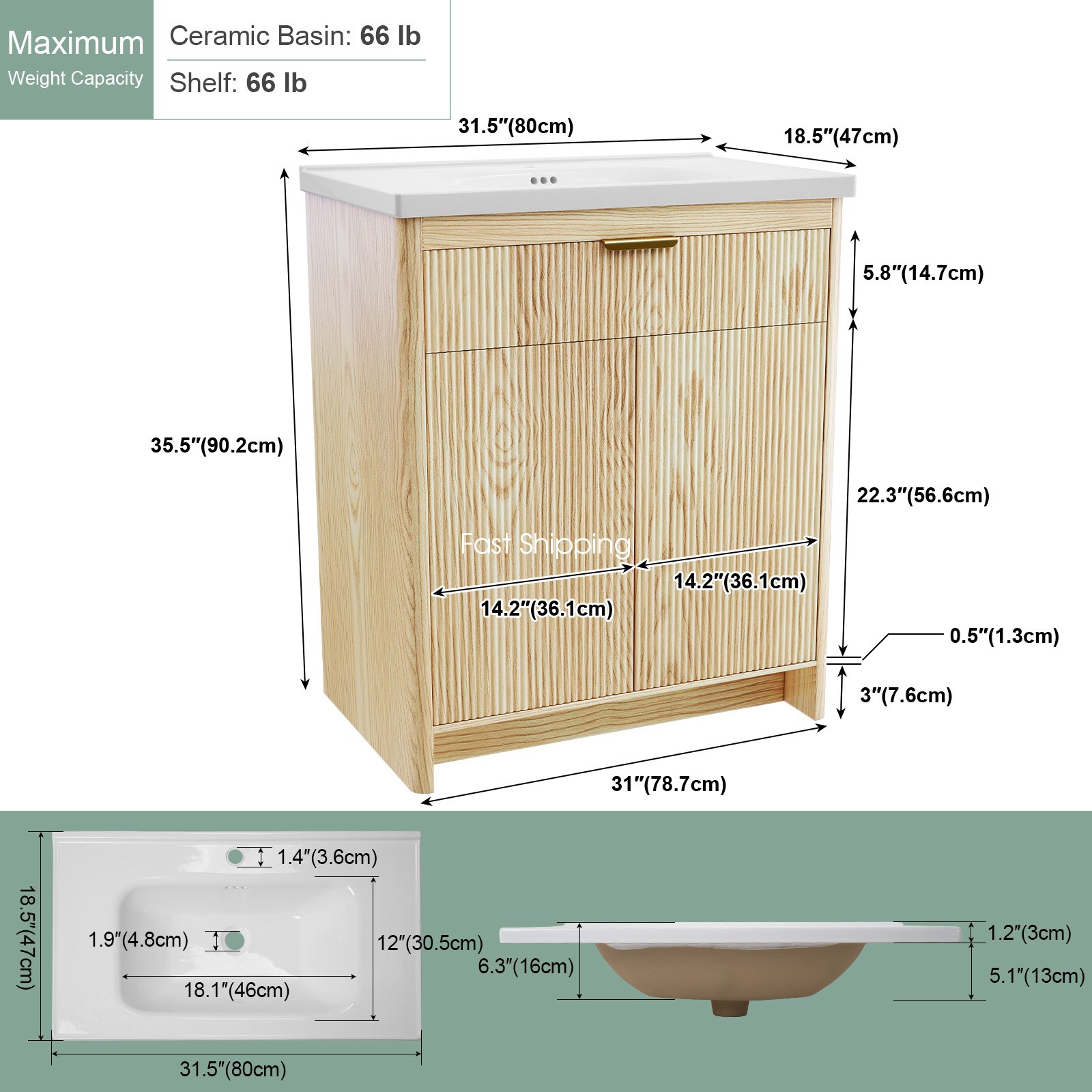 Bathroom Vanity with Sink, Freestanding Particle Board Storage Cabinet 31.5″