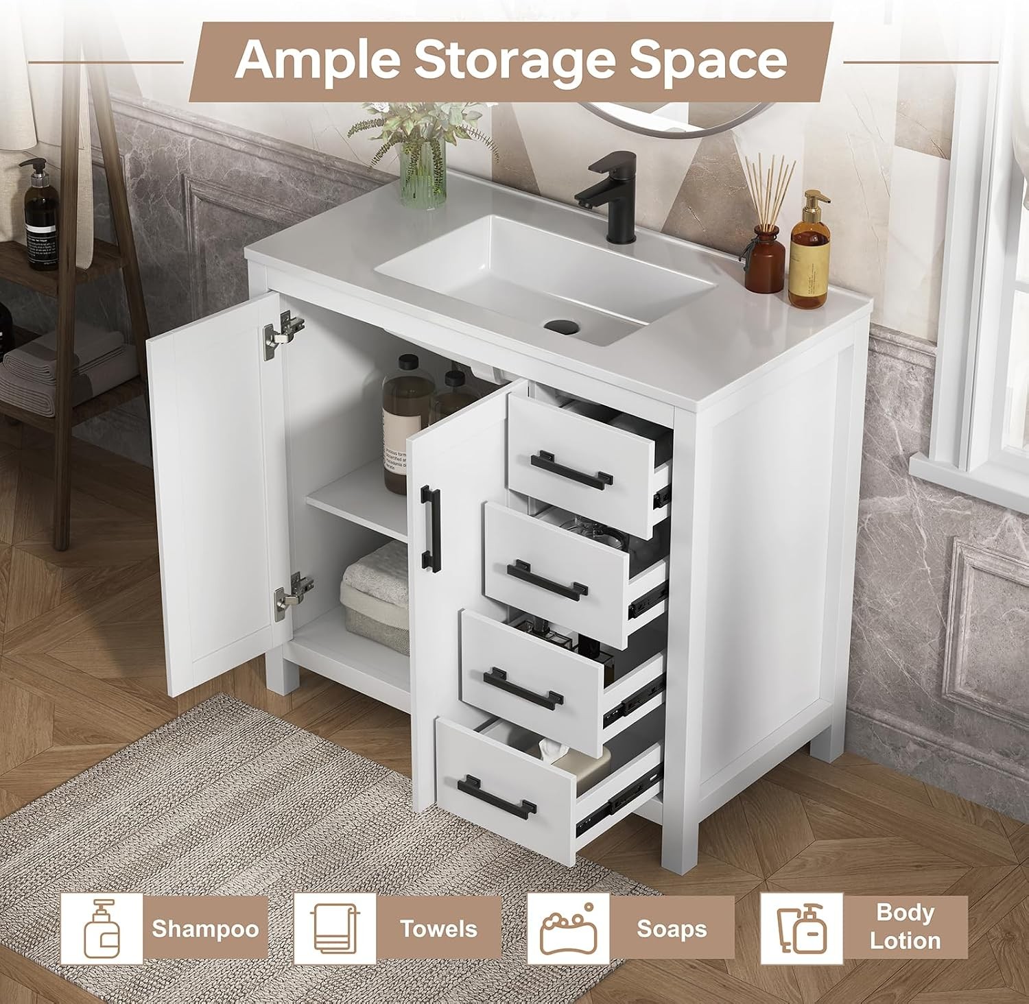 36 Inch Bathroom Vanity W/ Sink White Single Sink Bathroom Vanity Modern