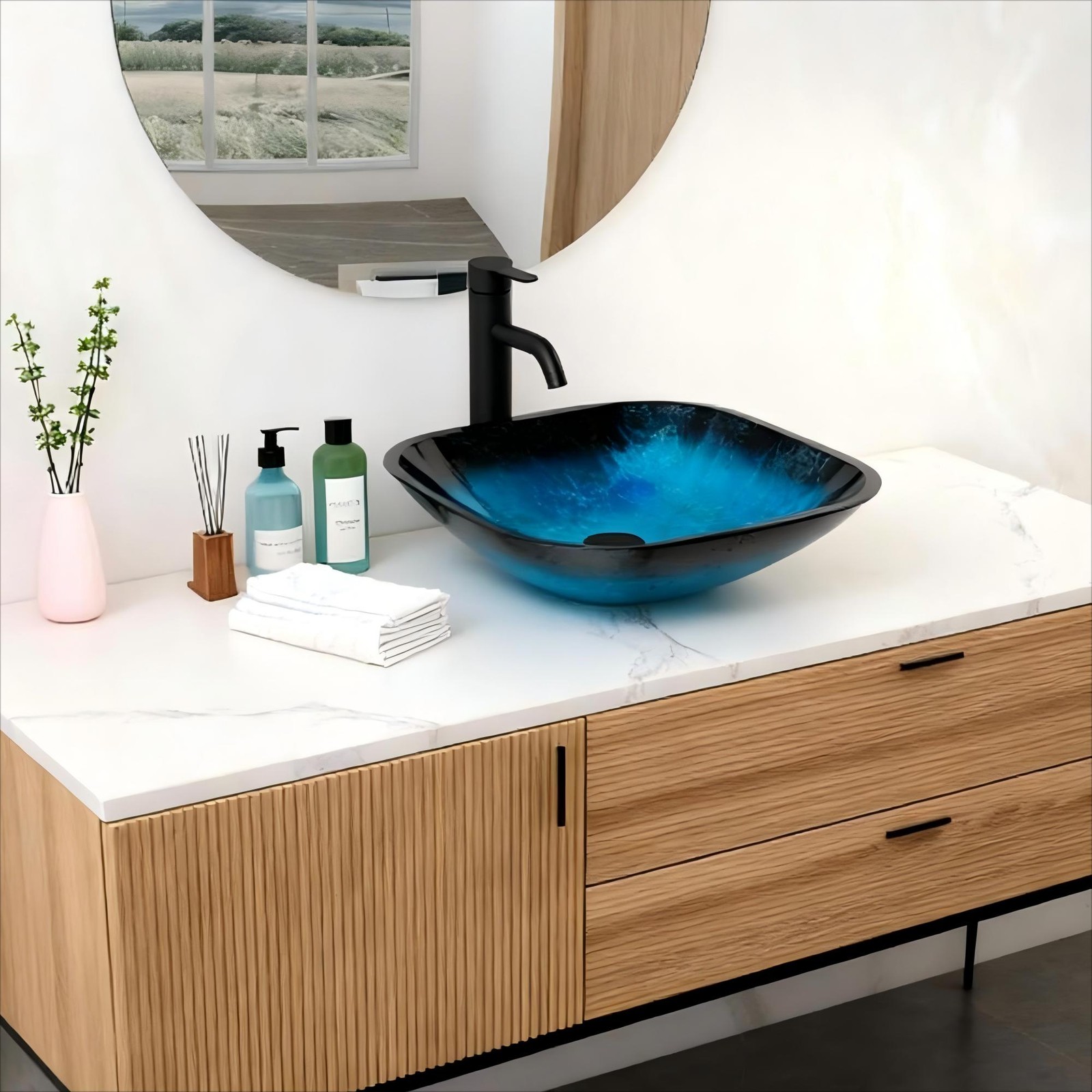 Bathroom Artistic Tempered Glass Vessel Bathroom Sink w/Faucet & Pop-up Drain