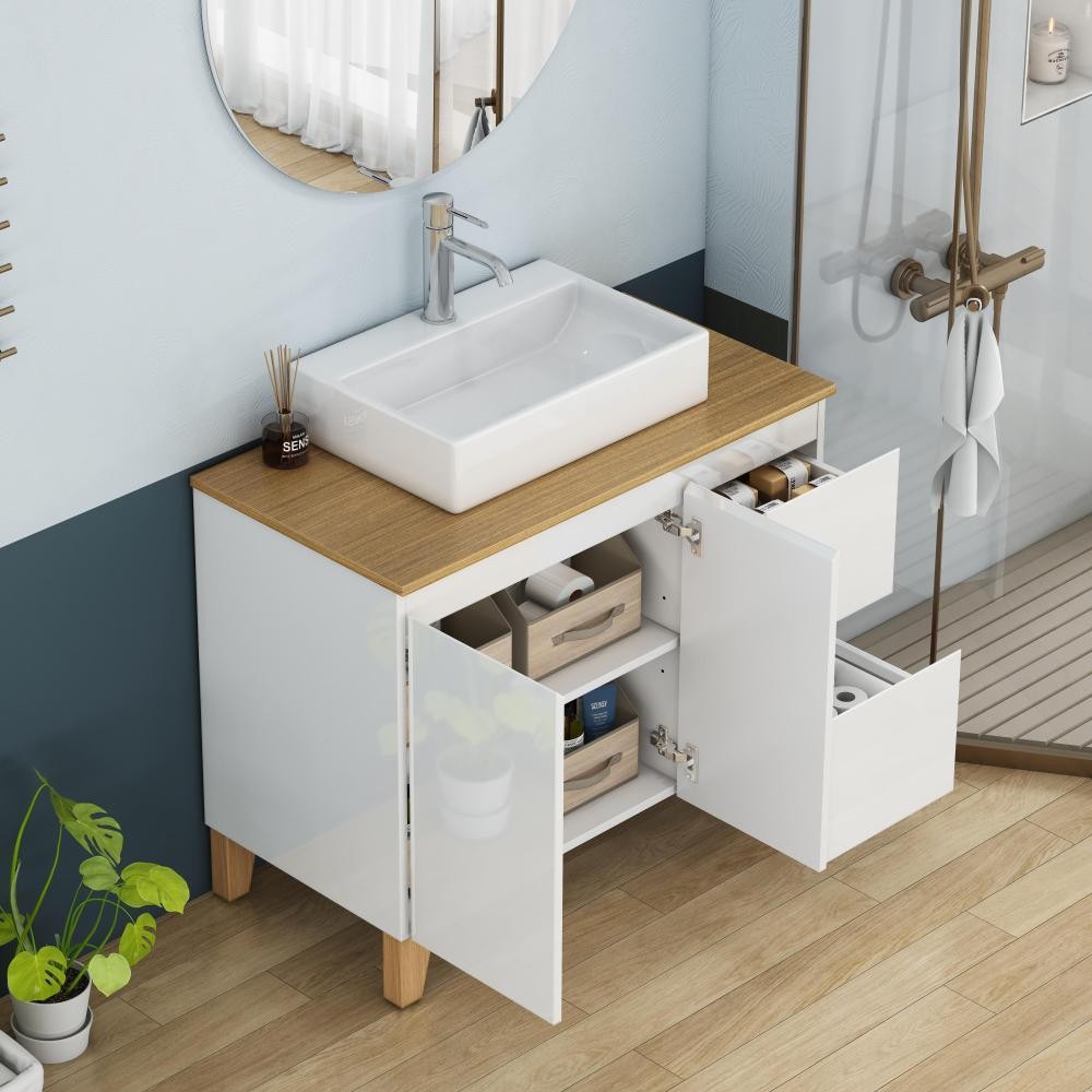 Bathroom cabinet with sink, double doors, and two drawers