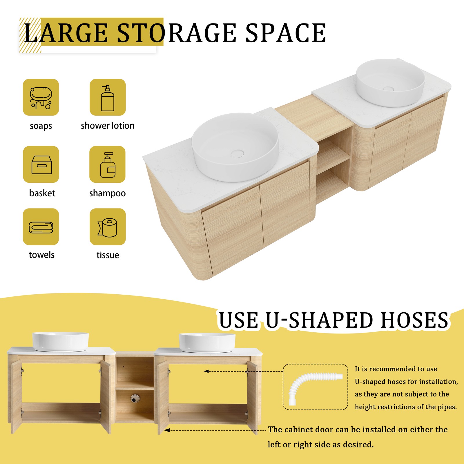 72″ Floating Bathroom Vanity W/ 2 White Ceramic Sink Stone Slab Top+Open Shelves