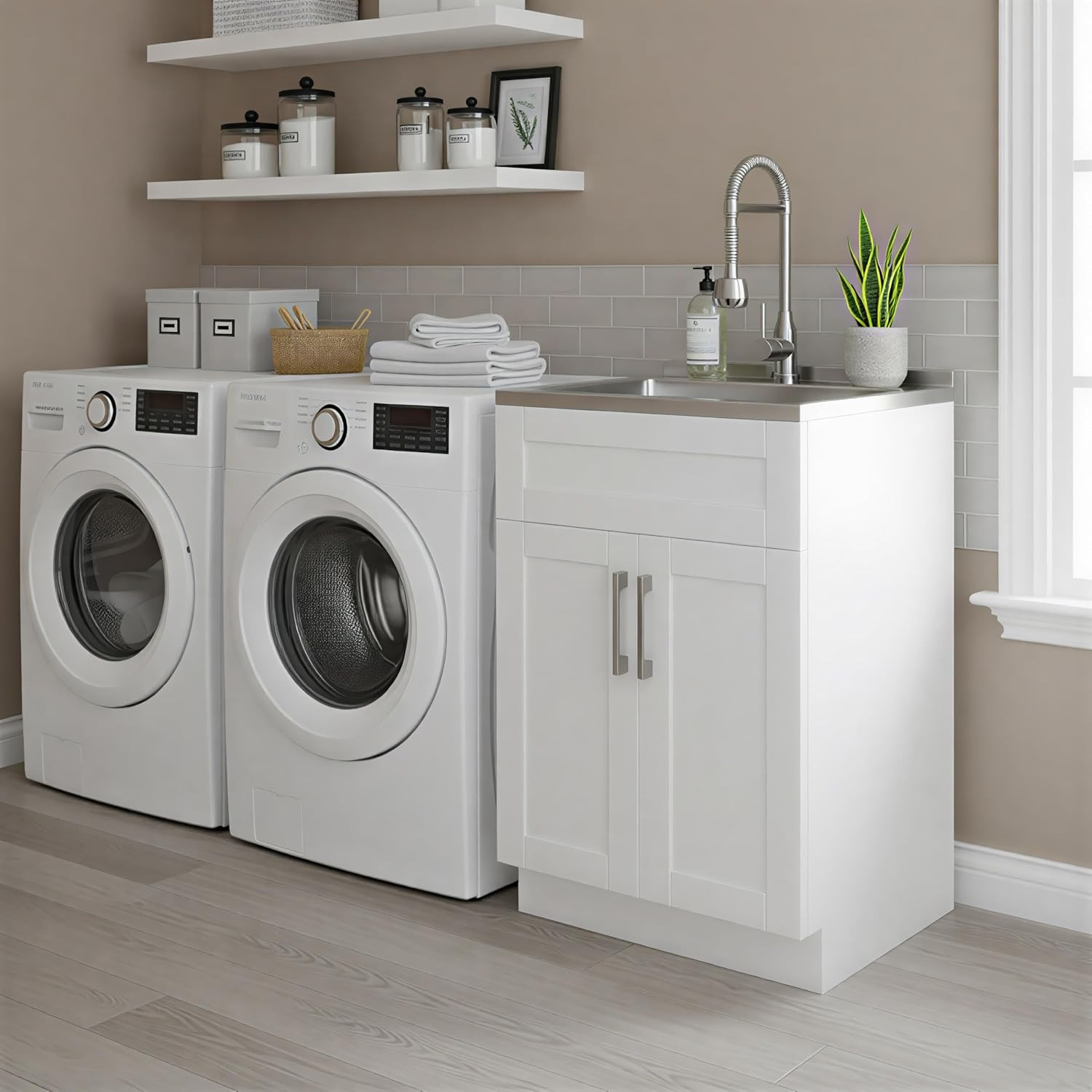 Hennessy All-In-One 24 Inch Wide Utility Sink and Laundry Cabinet in Pure White