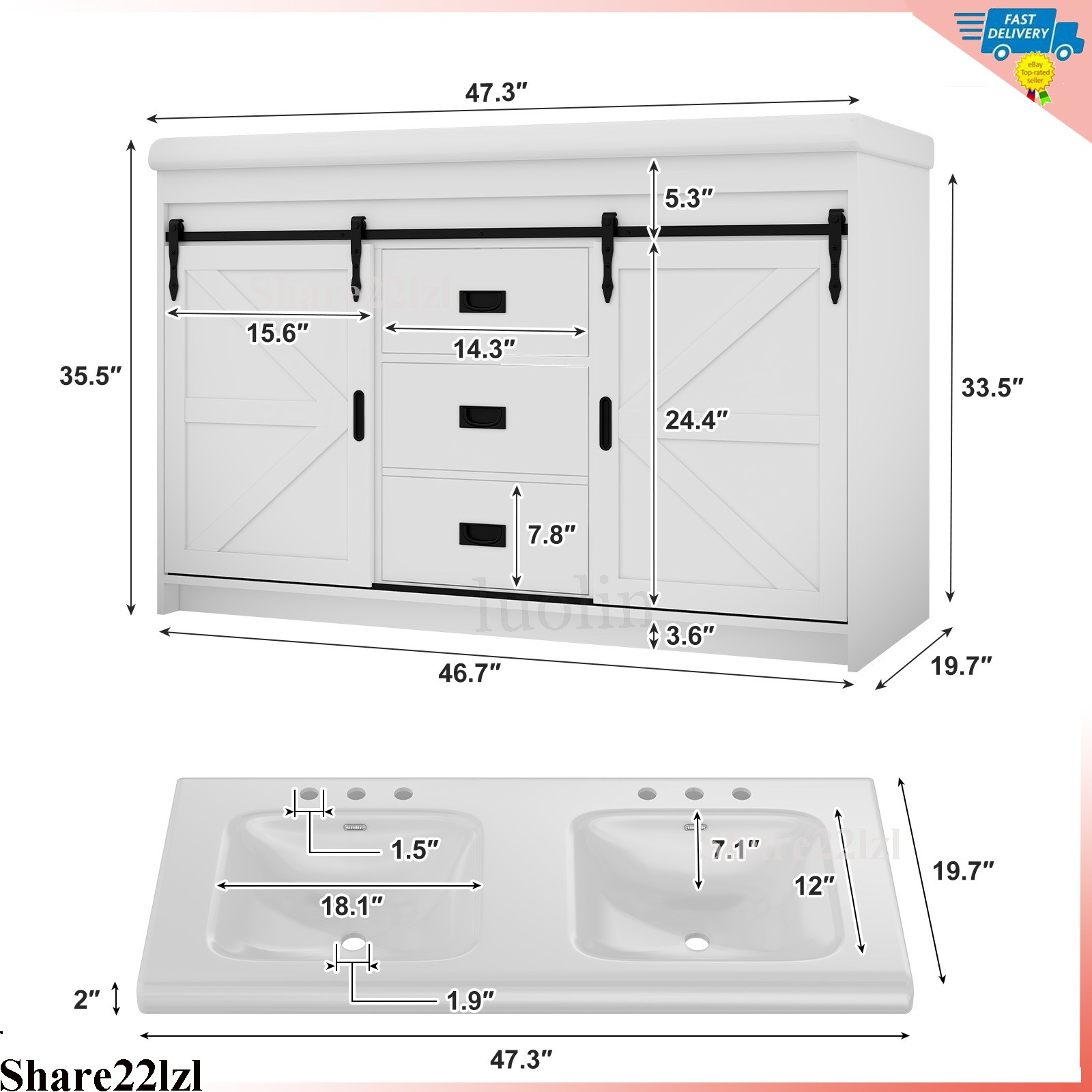 47″ Bathroom Vanity with Ceramic Sink Modern Storage Cabinet w/Soft Close Doors