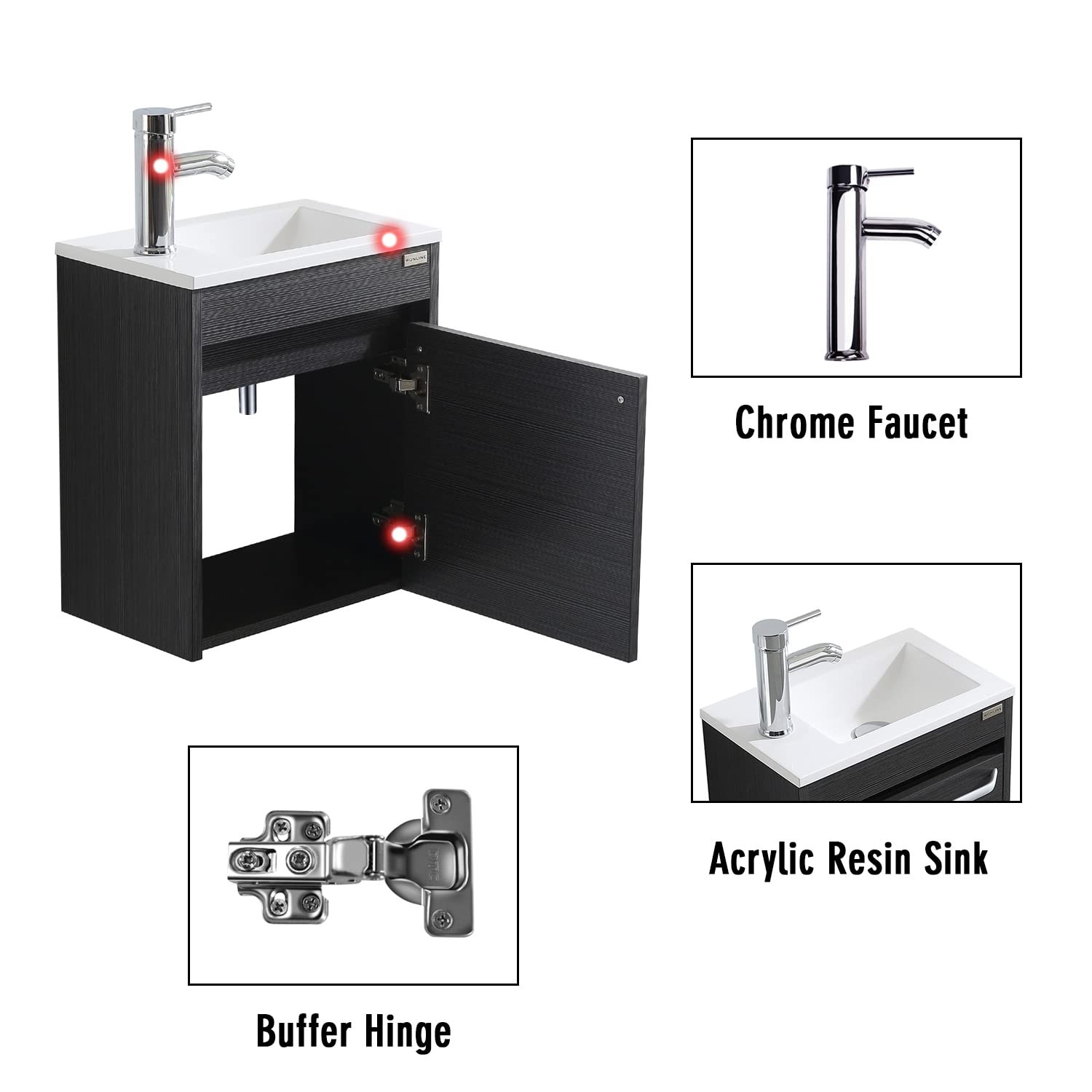 wonline 16” Bathroom Vanity Sink Combo for Small Space Black Wall Mounted Cabine