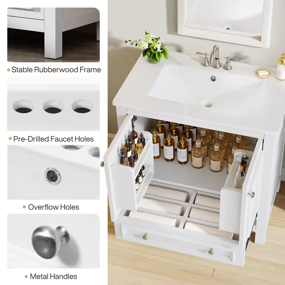 30 In. Single Sink Freestanding White Bath Vanity with White Ceramic Top Unassem