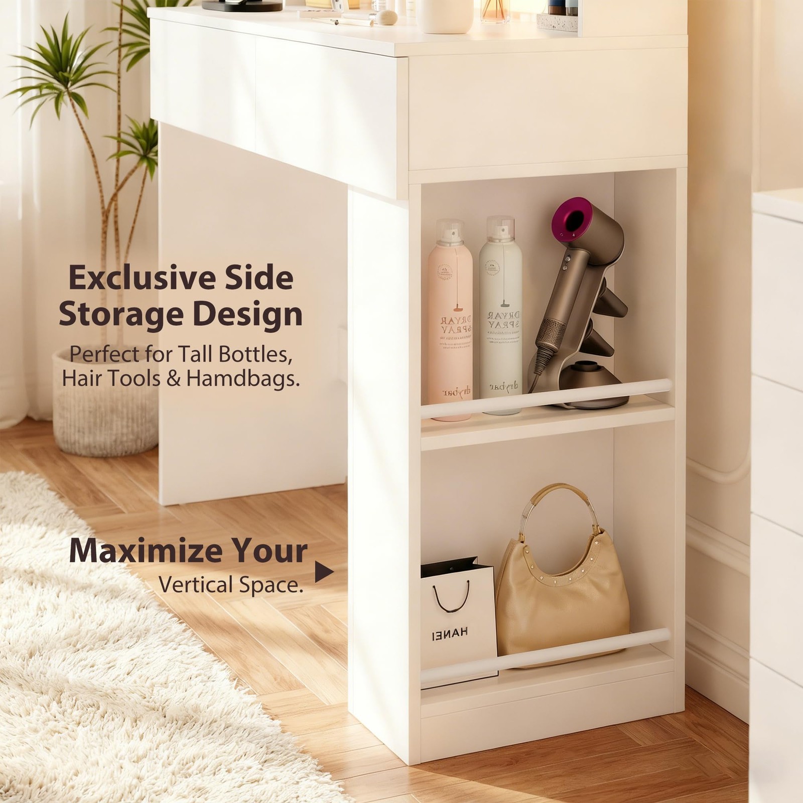 3 Color Dimmable LED Vanity Desk with Mirror 2 Drawers Storage Bench White