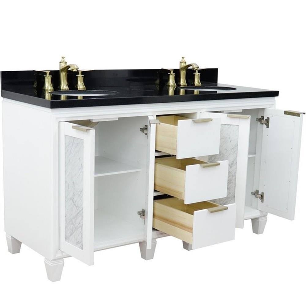 Trento 61″ Double Oval Sink Solid Wood Vanity in White/Black Galaxy