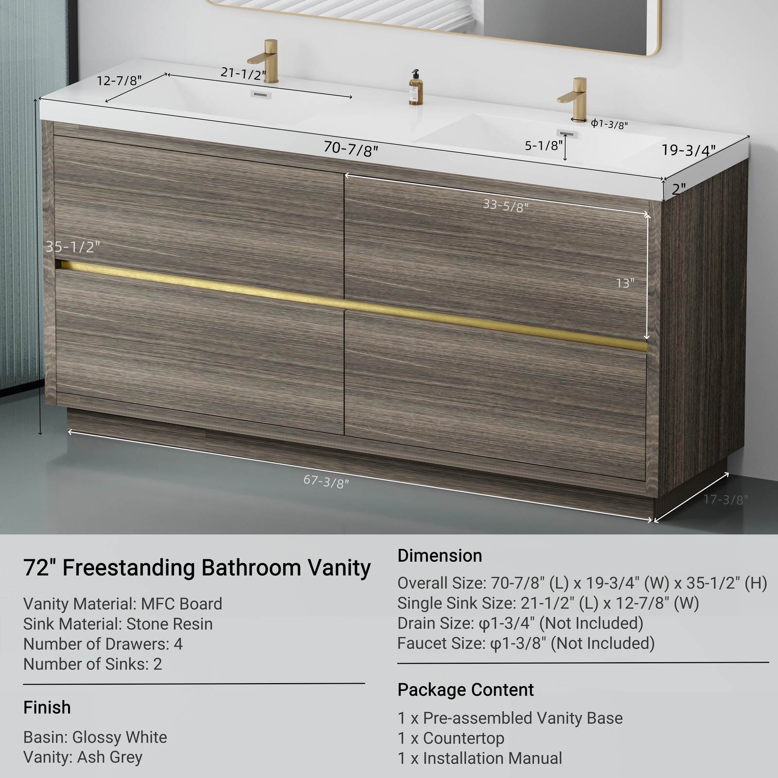 72″ Floating Wall-Mounted Bathroom Vanity W/ 4 Drawers Double Stone Resin Sinks