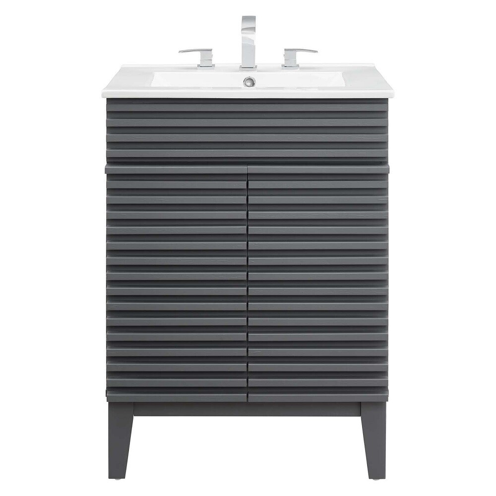 Mid-Century Modern Bathroom Vanity Black, White, Gray, Oak Laminate Tapered Legs