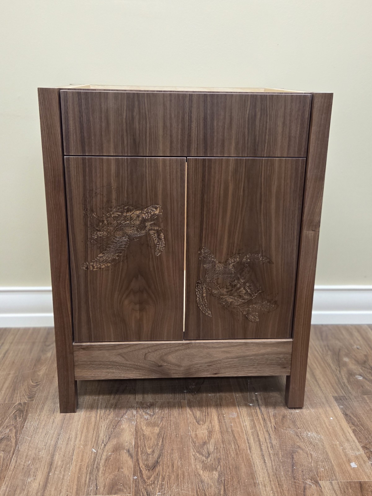 Fabulous Seaturtle Engraved Walnut Bathroom Vanity Cabinet