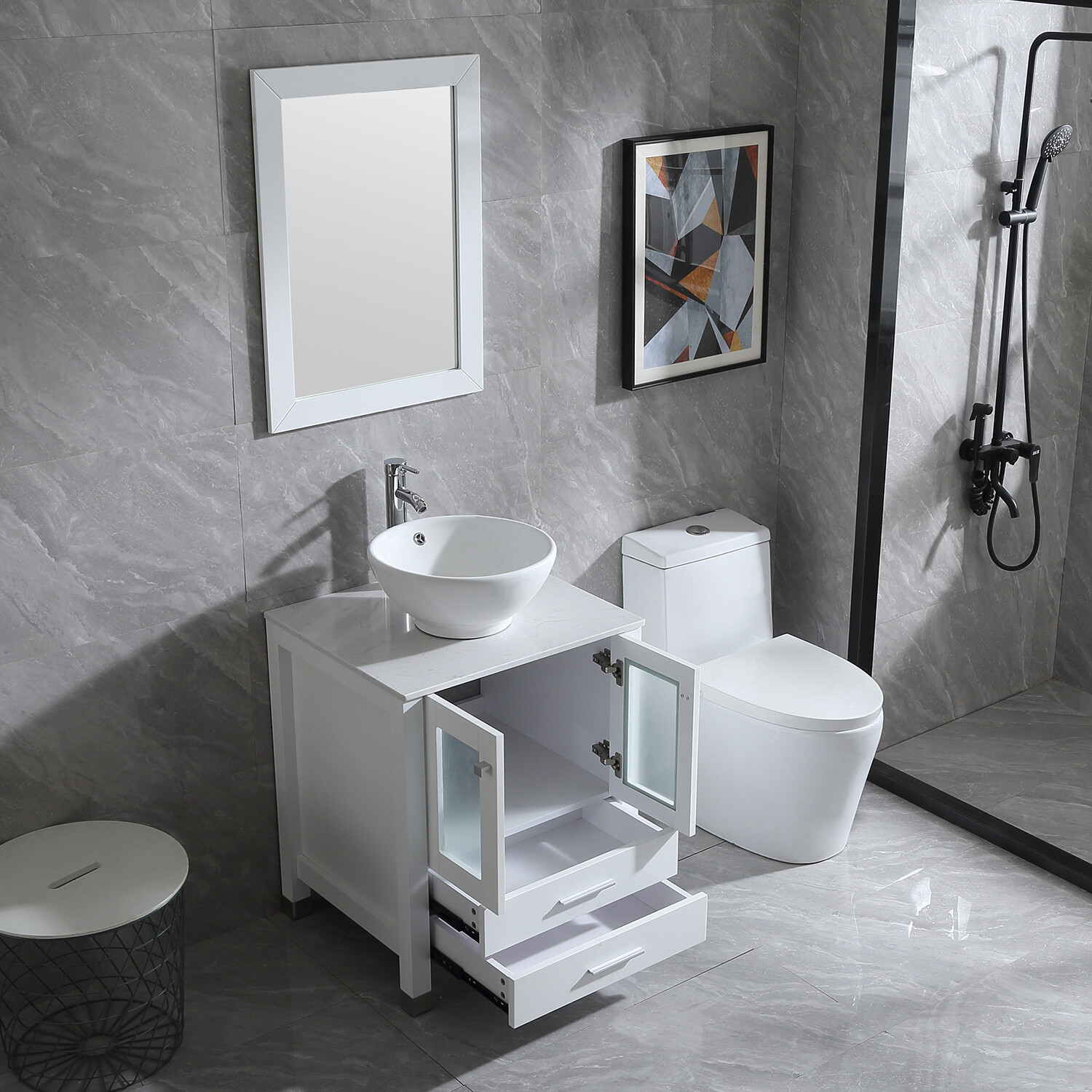 24″ Bathroom Vanity Single Basin Ceramic Sink Set with Faucet Mirror Combo white