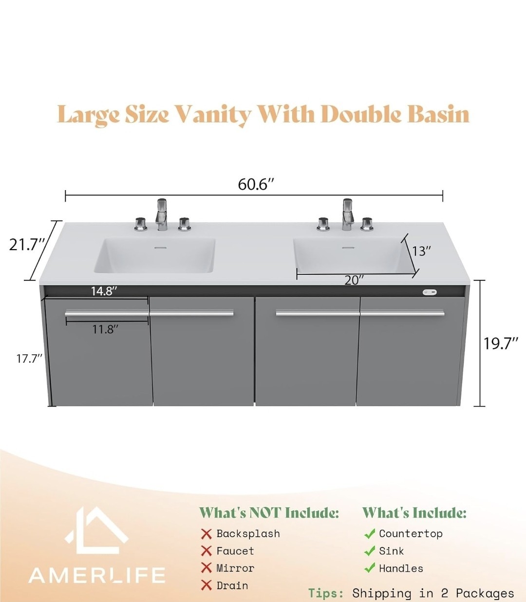 AMERLIFE Double Sink Bathroom Vanity, 60.6″ Wall Mounted, Gray, Storage Cupboard