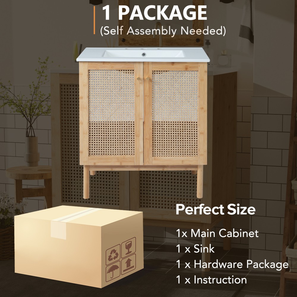 30″ Bath Vanity Ceramic Sink Soft Close Handwoven Rattan Doors Storage Cabinet