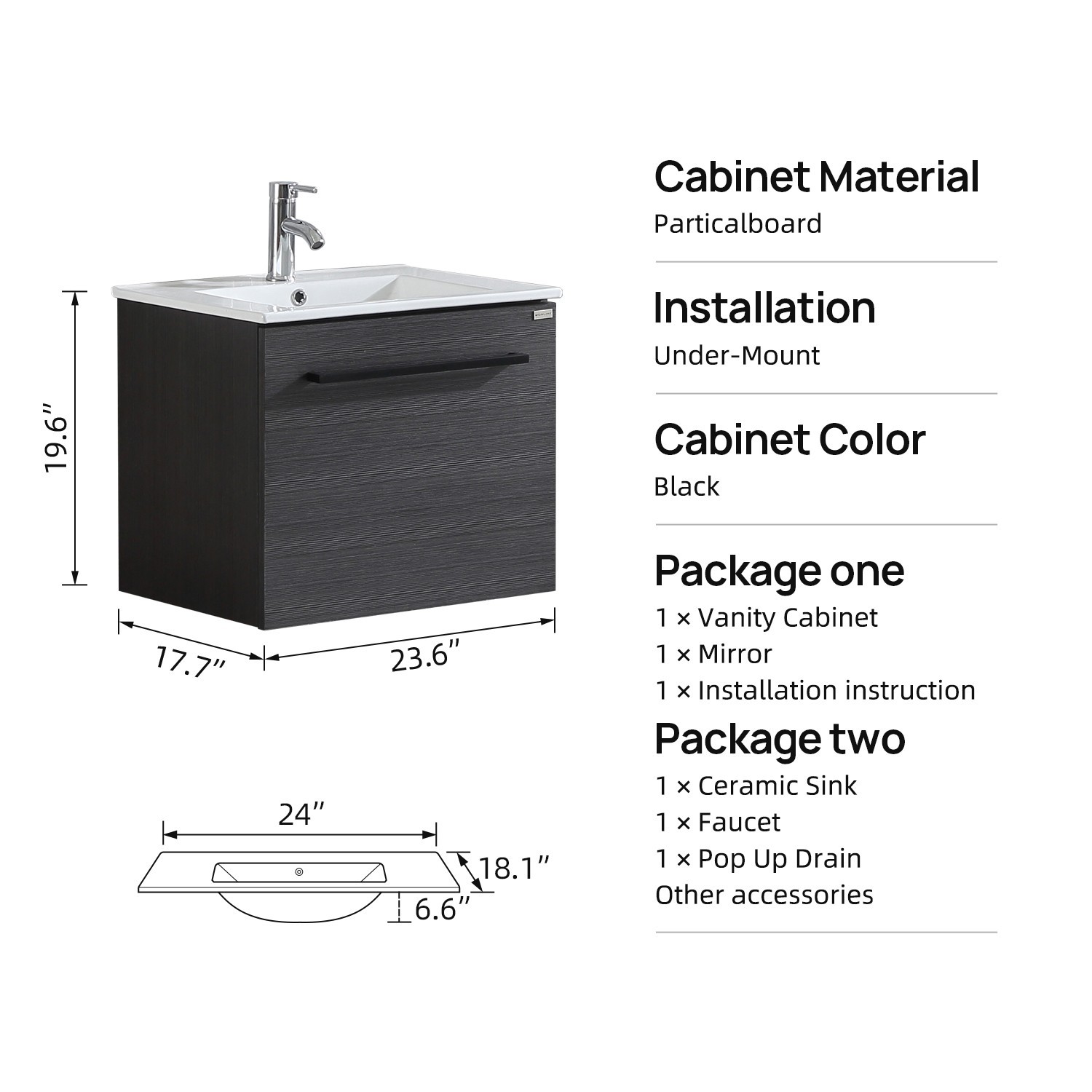 24Inch Bathroom Vanity With Sink Wall Mounted Cabinet Storage Set w/Faucet Drain