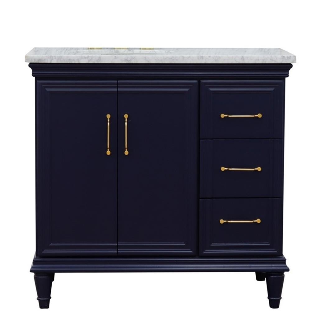 37 in. Single Wooden Vanity Blue White Carrara Oval Left Door.Left Sink