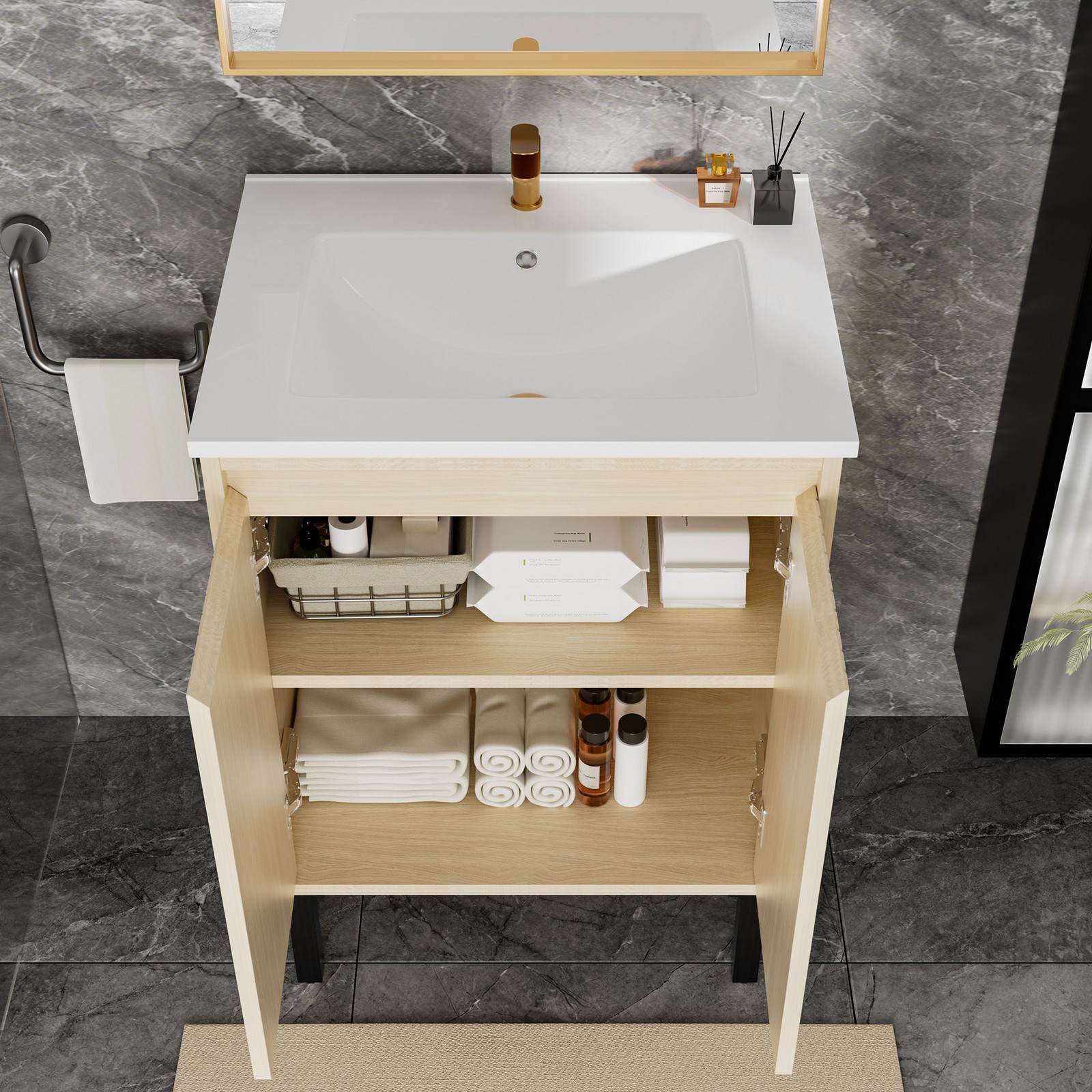 24 Inch Bathroom Vanity with Sink, Oak Finish, White Ceramic