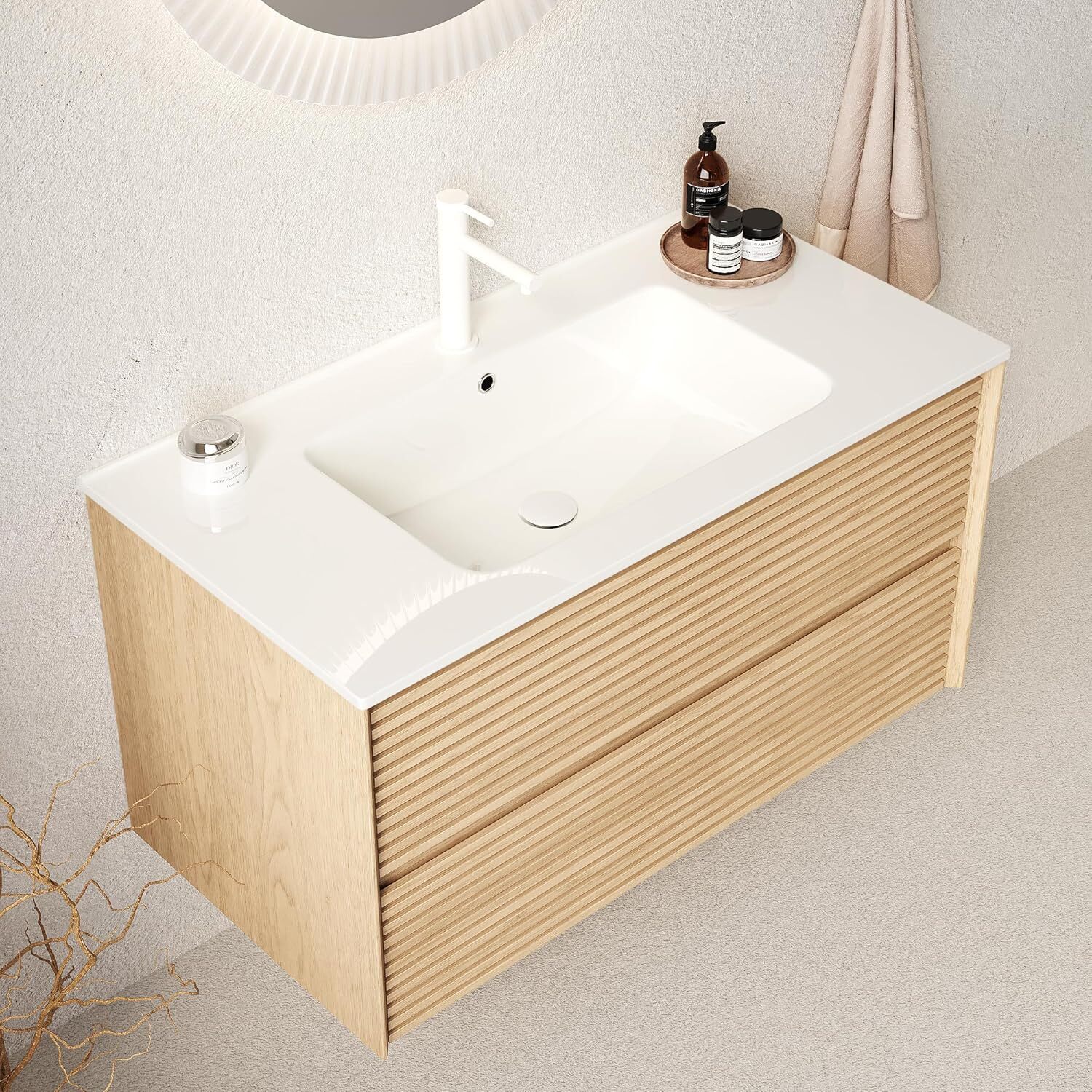24″ 30″ 36″ Wall Mounted Bathroom Vanity w/Ceramic Sink,2 Drawer Floating Vanity