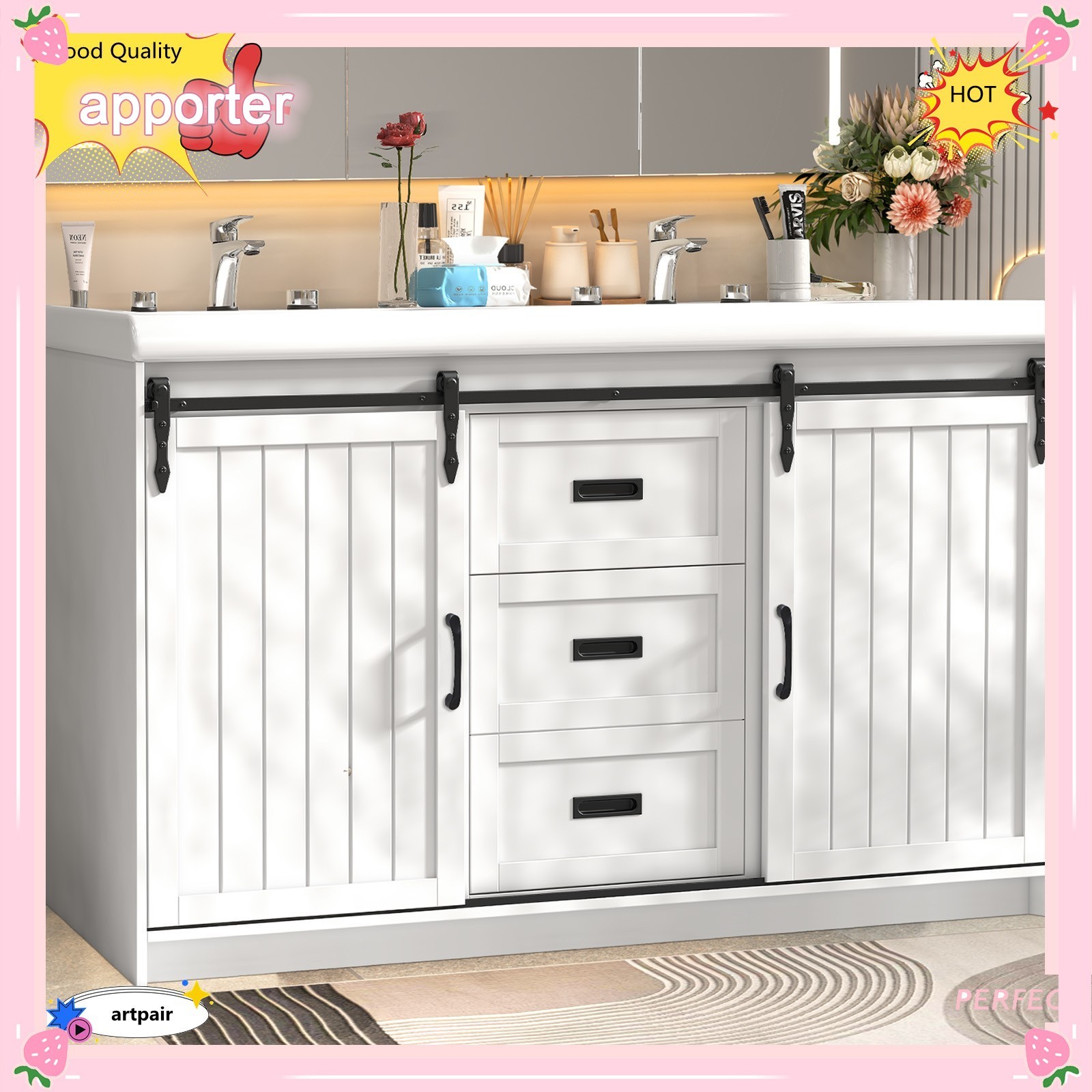 47″ Bathroom Vanity Cabinet Freestanding Storage Compartment + 2 Ceramic Sink