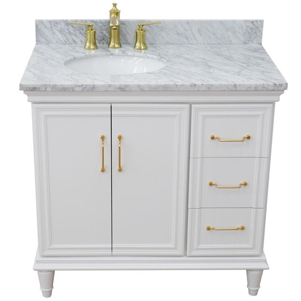 37 in. Single Wooden Vanity White White Carrara Oval Left Door.Left Sink