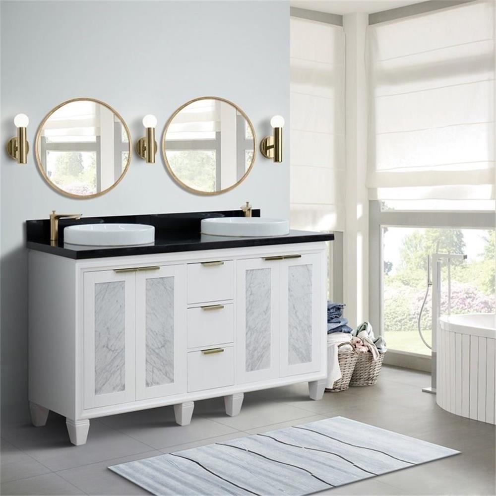 Pemberly Row 61″ Double Round Sink Solid Wood Vanity in White/Black Galaxy