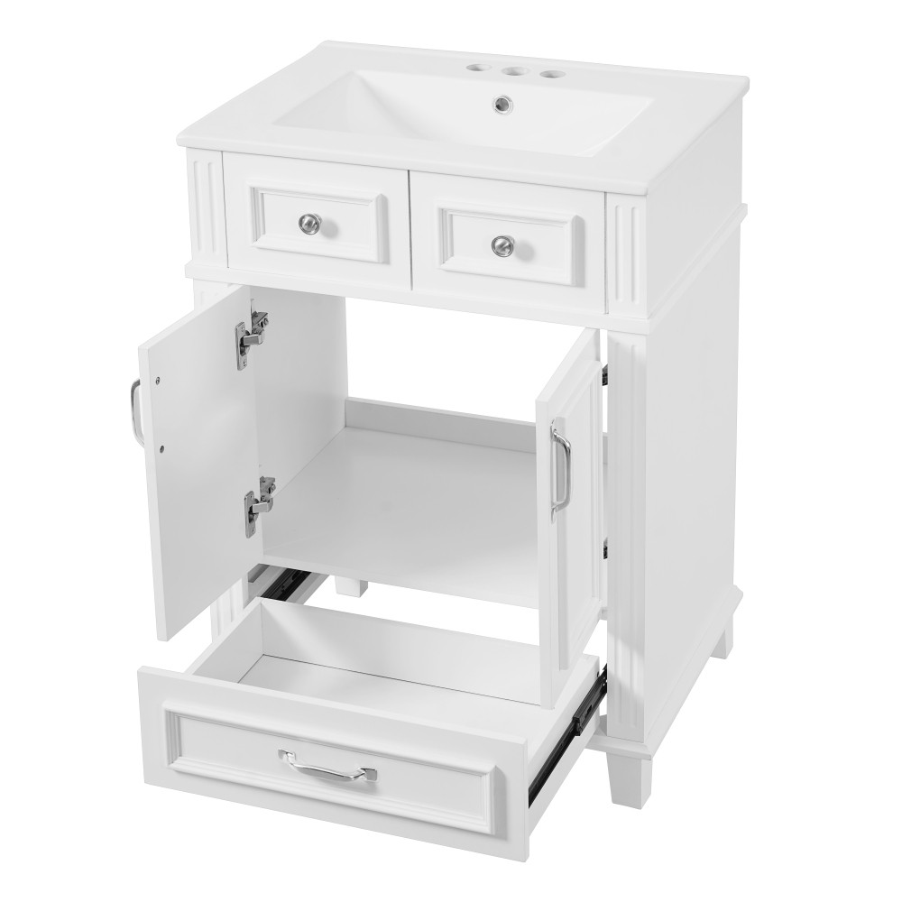24″ Bathroom Vanity w/ Ceramic Sink, Solid Wood Frame, Soft Close Doors, White
