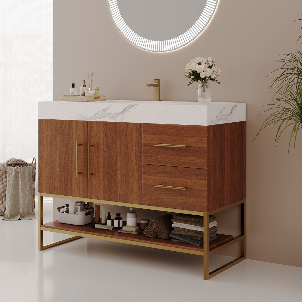 36in Free-Standing Bathroom Vanity Seamless Ceramic Sink & Sintered Stone Top