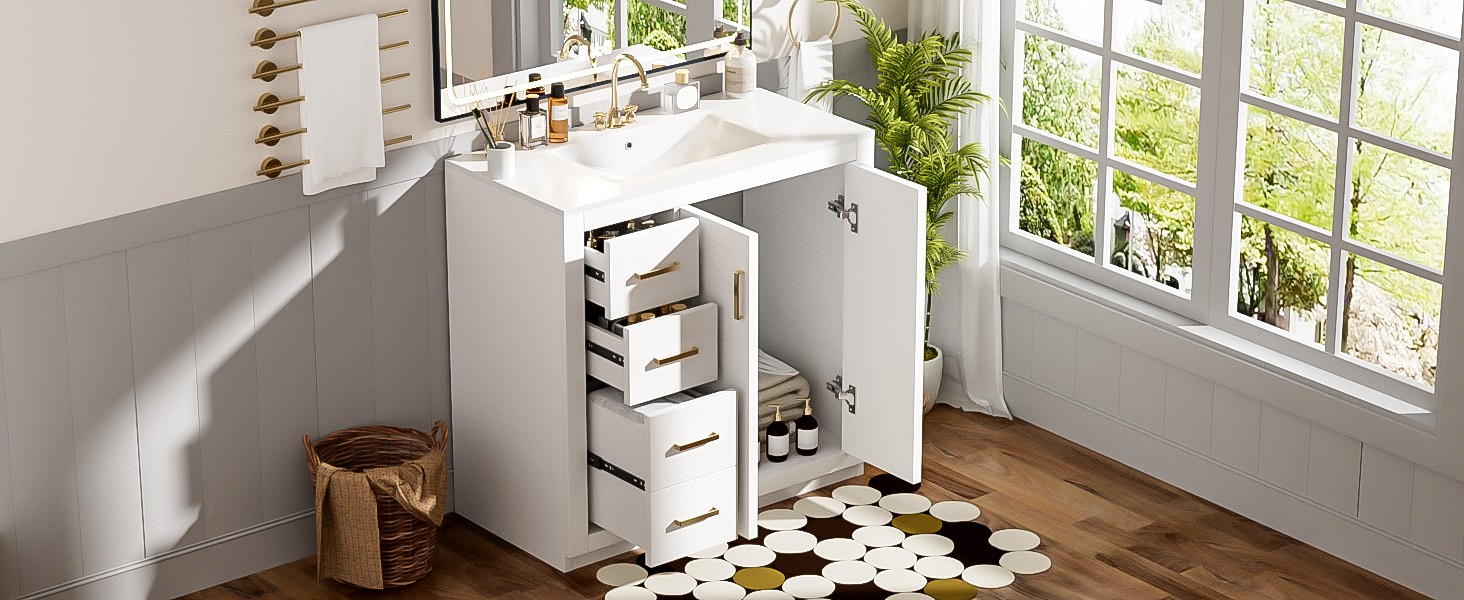36″ Bathroom Vanity with Ceramic Sink, Solid Wood Frame, 3 Drawers & Doors