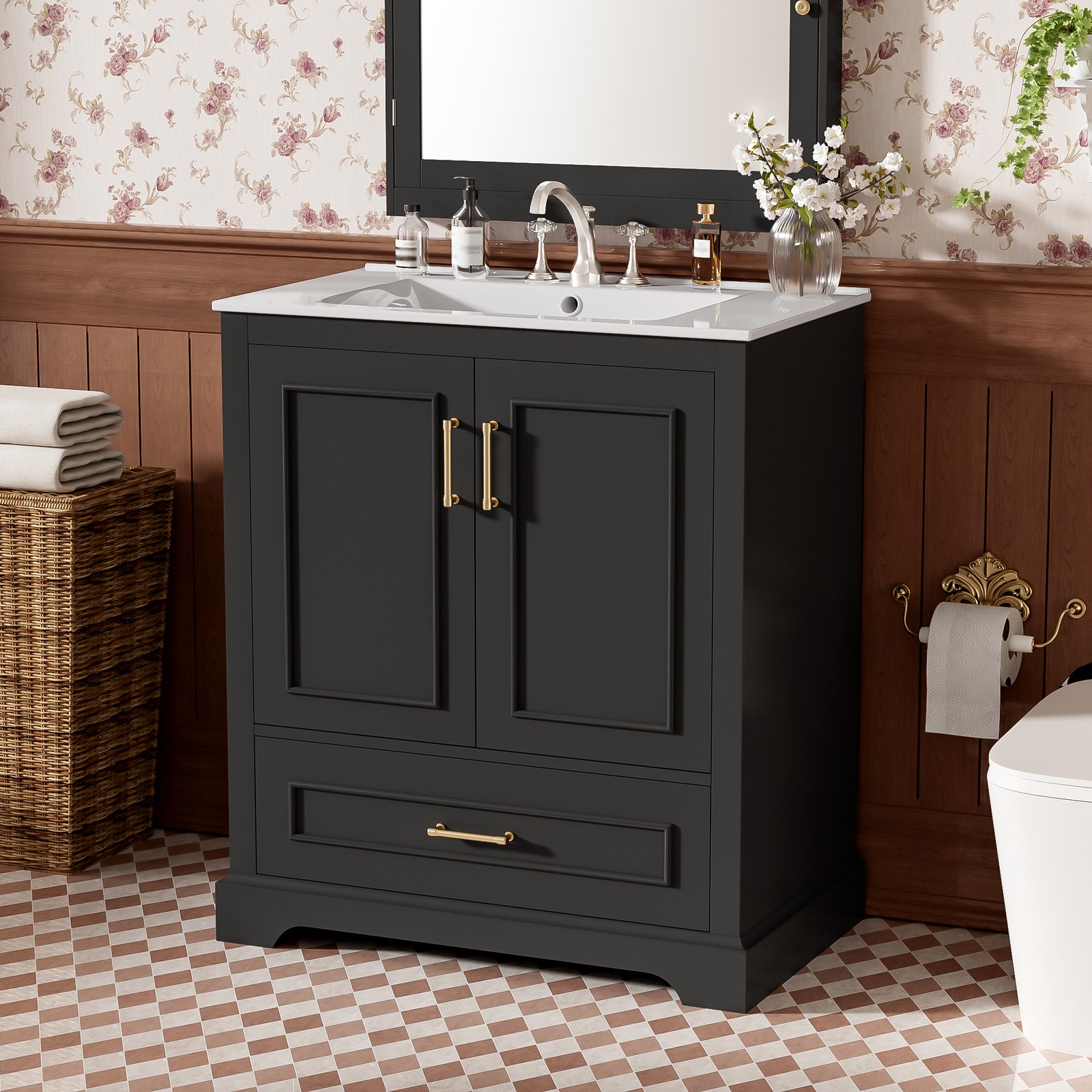 30″ Bathroom Vanity w/ Sink, Black, Soft-Close Doors & Drawer, Solid Wood+MDF