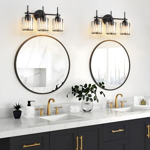 3 Light Black Crystal Vanity Light, Modern Bathroom Vanity Light Over Mirror, Up