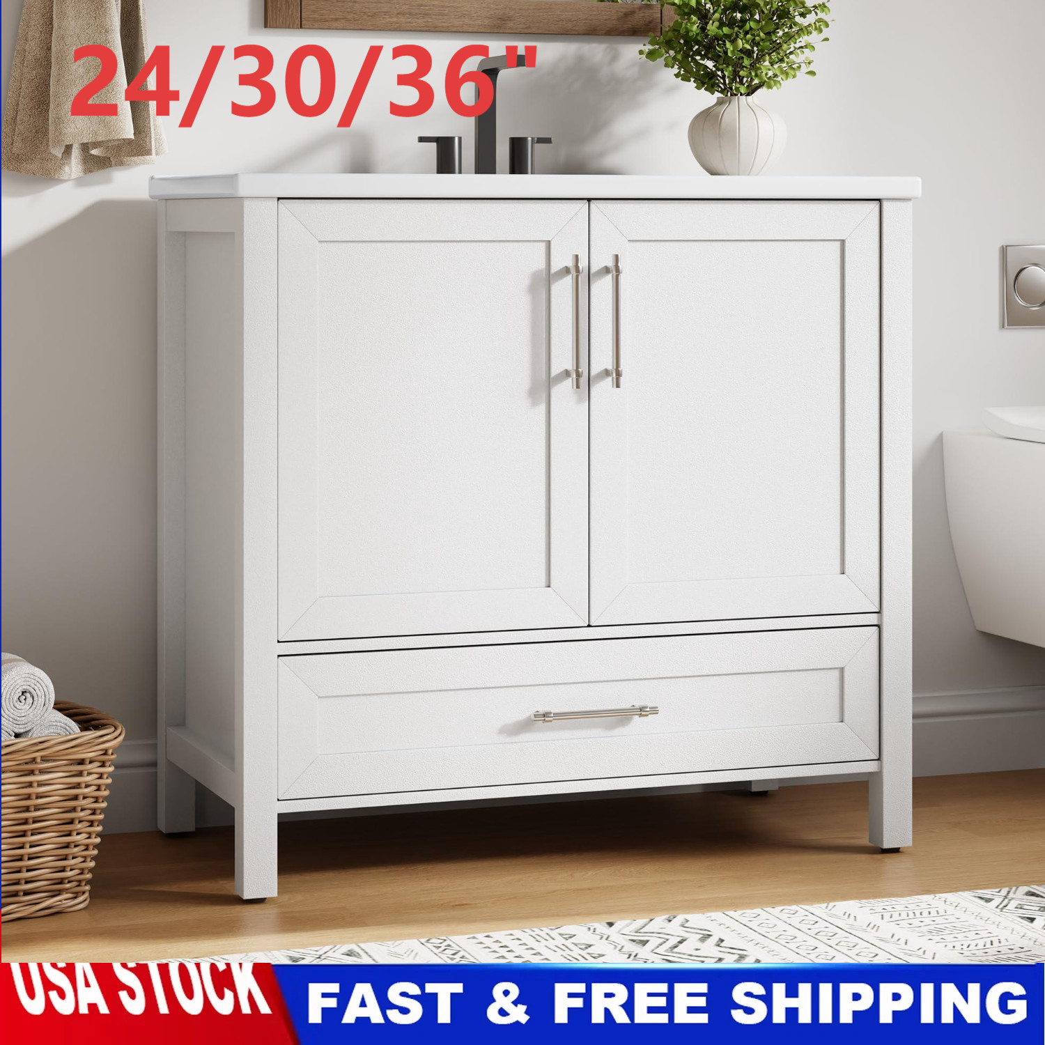24″ 30″ 36” Bathroom Vanity w3 Sink, Freestanding Bath Cabinet 2 Doors, Drawer