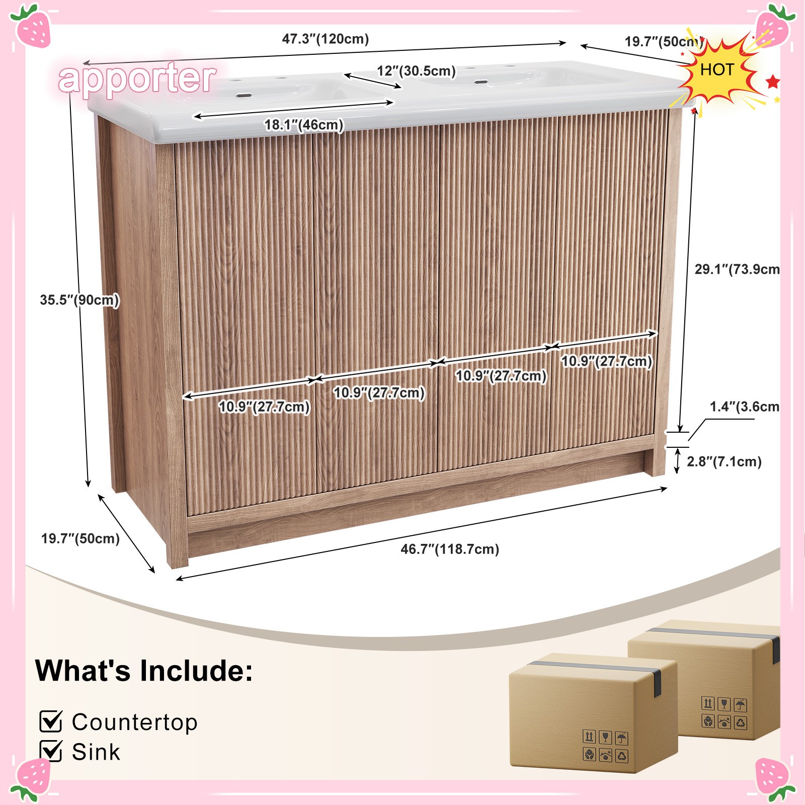 47.3″ Double Sink Bathroom Vanity Wood Grain Modern 2 Basin Storage Cabinet NEW