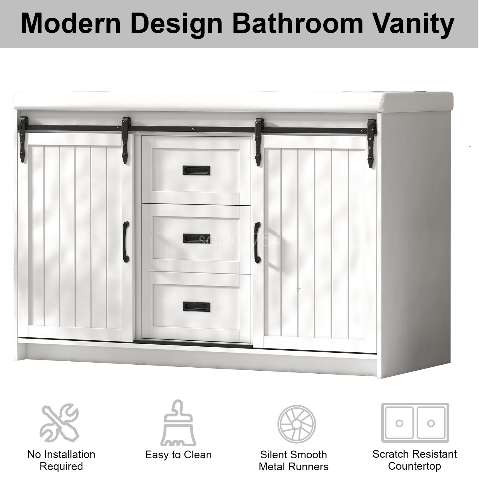 Bathroom Vanity Freestanding Ceramic Sink Cabinet With Doors and Drawers White