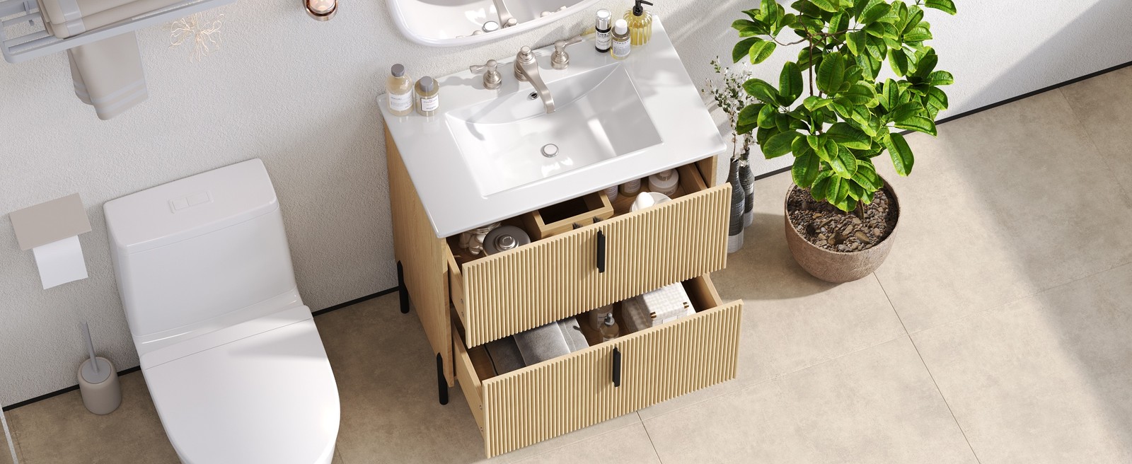 30″ Bathroom Vanity with Ceramic Sink, Soft Close Drawers, Fluted
