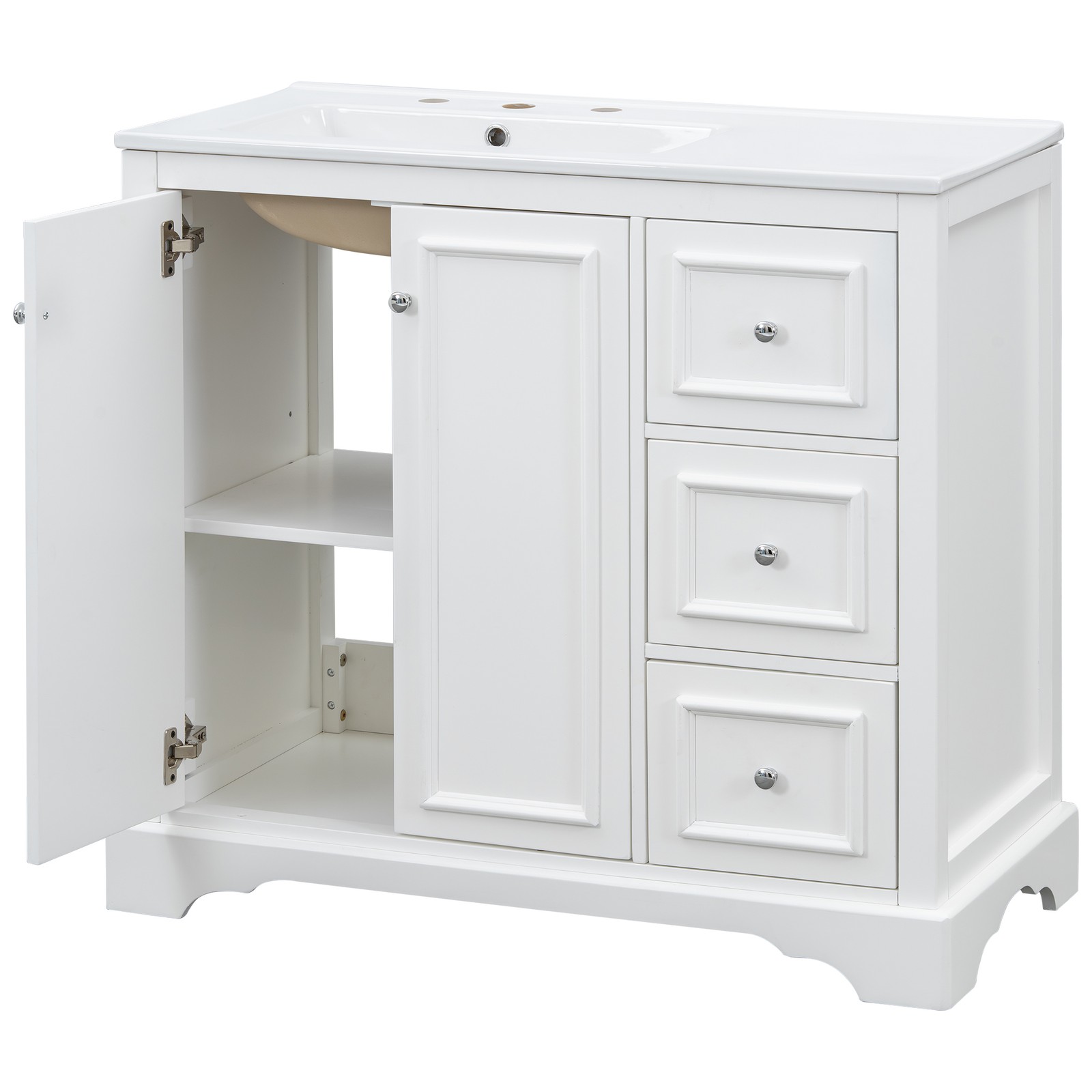 36″ White Transitional Bathroom Vanity with Ceramic Sink