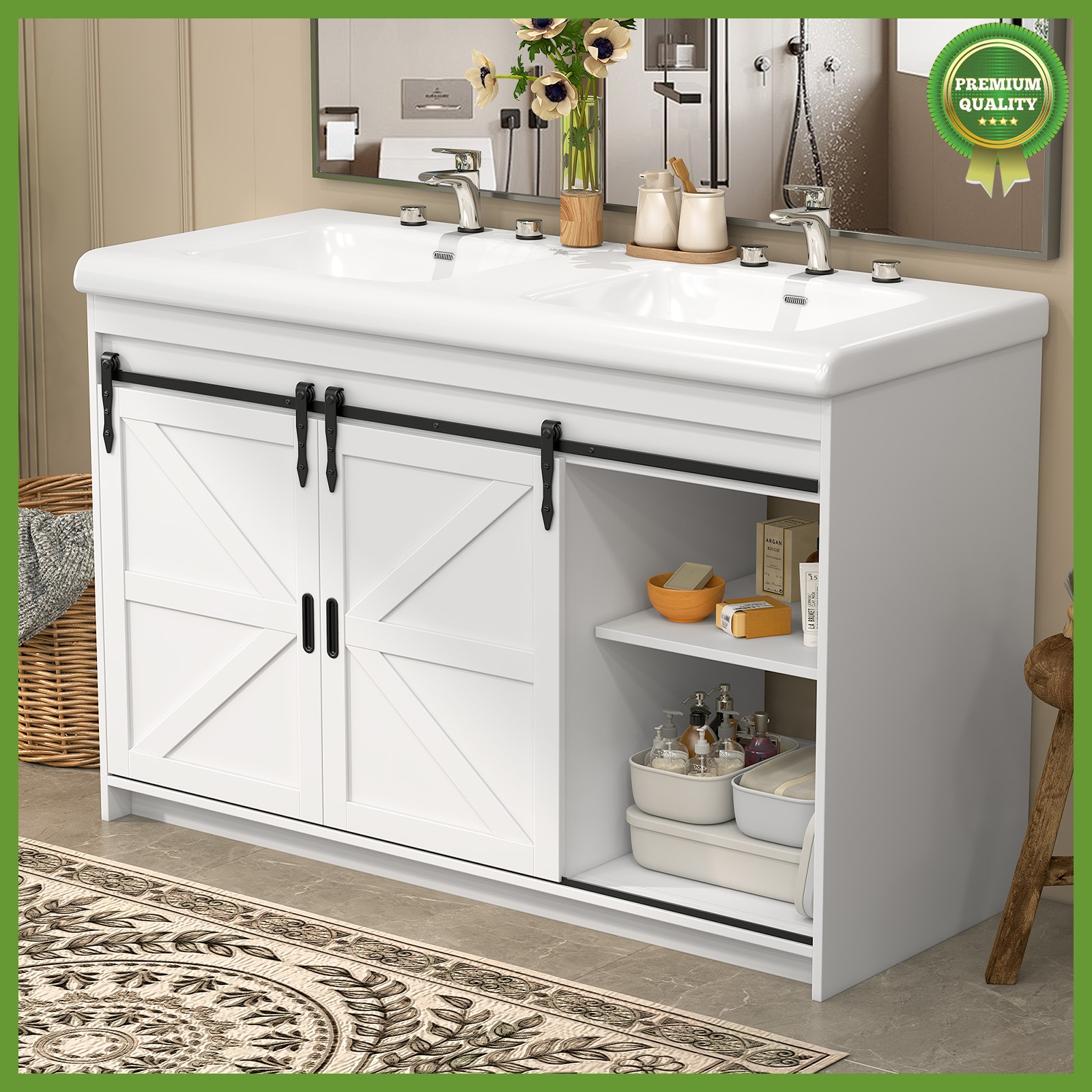 47” Bathroom Vanity w/ 2 Basin Sink Bathroom Cabinet with 3 Drawers Storage Set