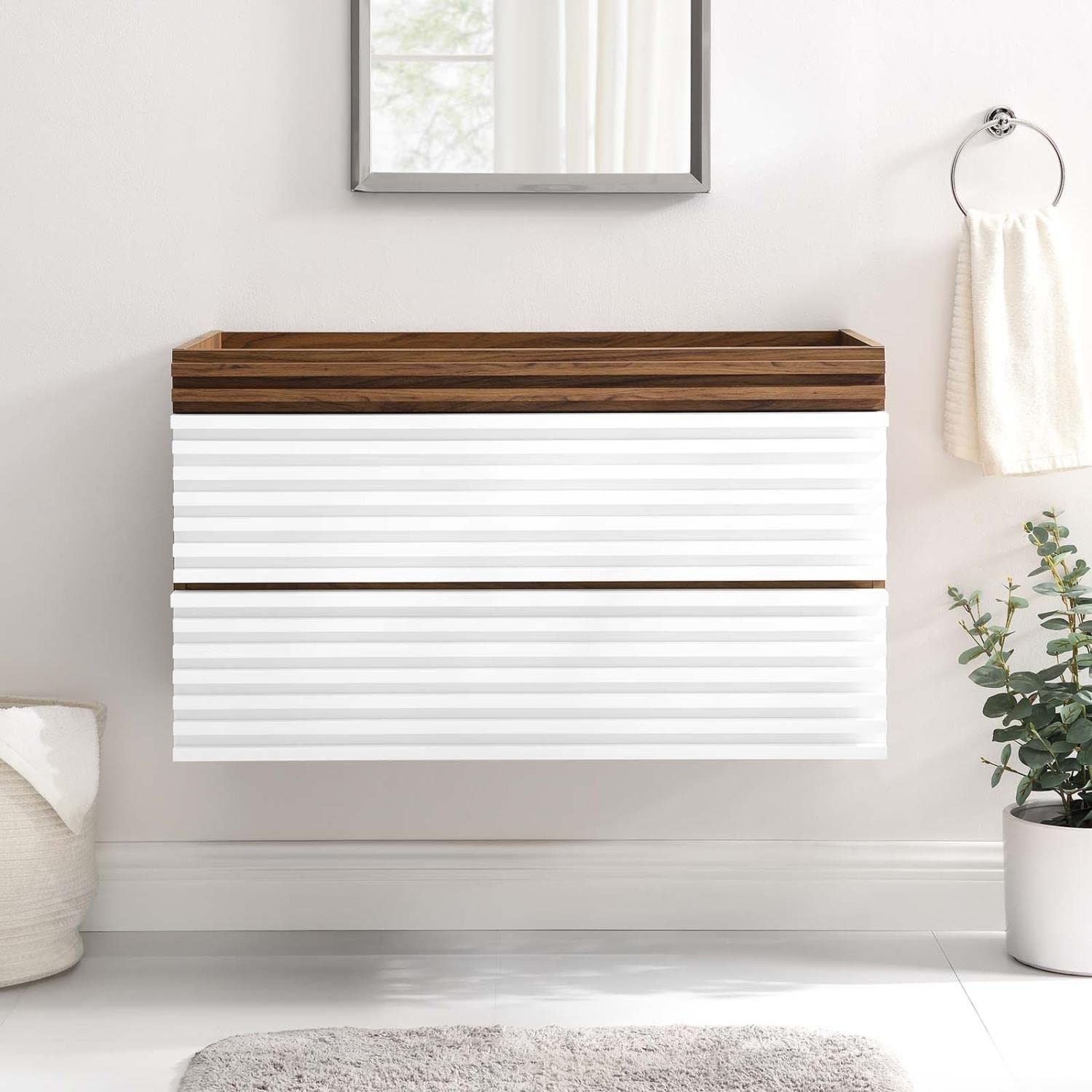 Modway Render 35″ MDF Wood Wall-Mount Bathroom Vanity Cabinet in White/Walnut