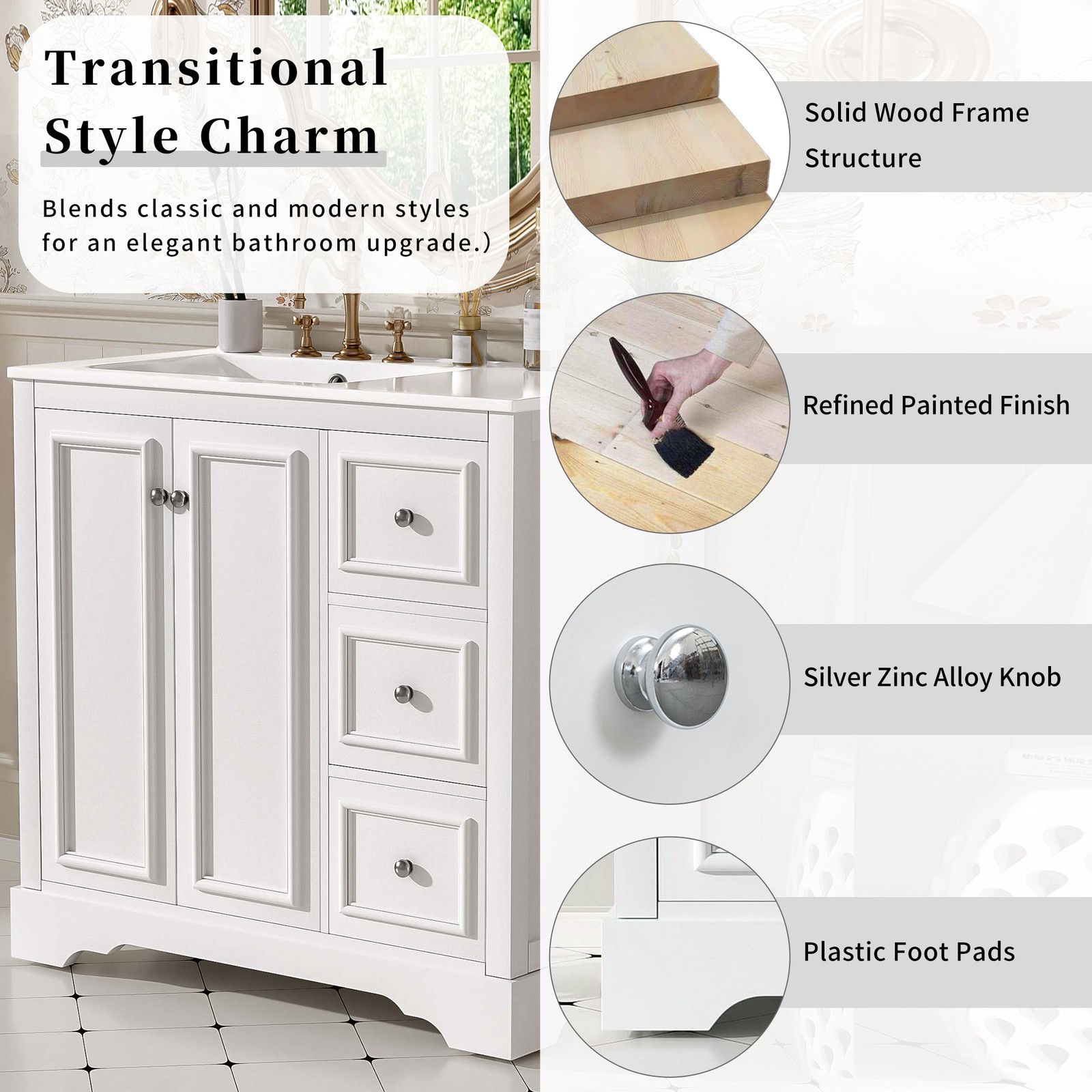 36″ White Transitional Bathroom Vanity with Ceramic Sink
