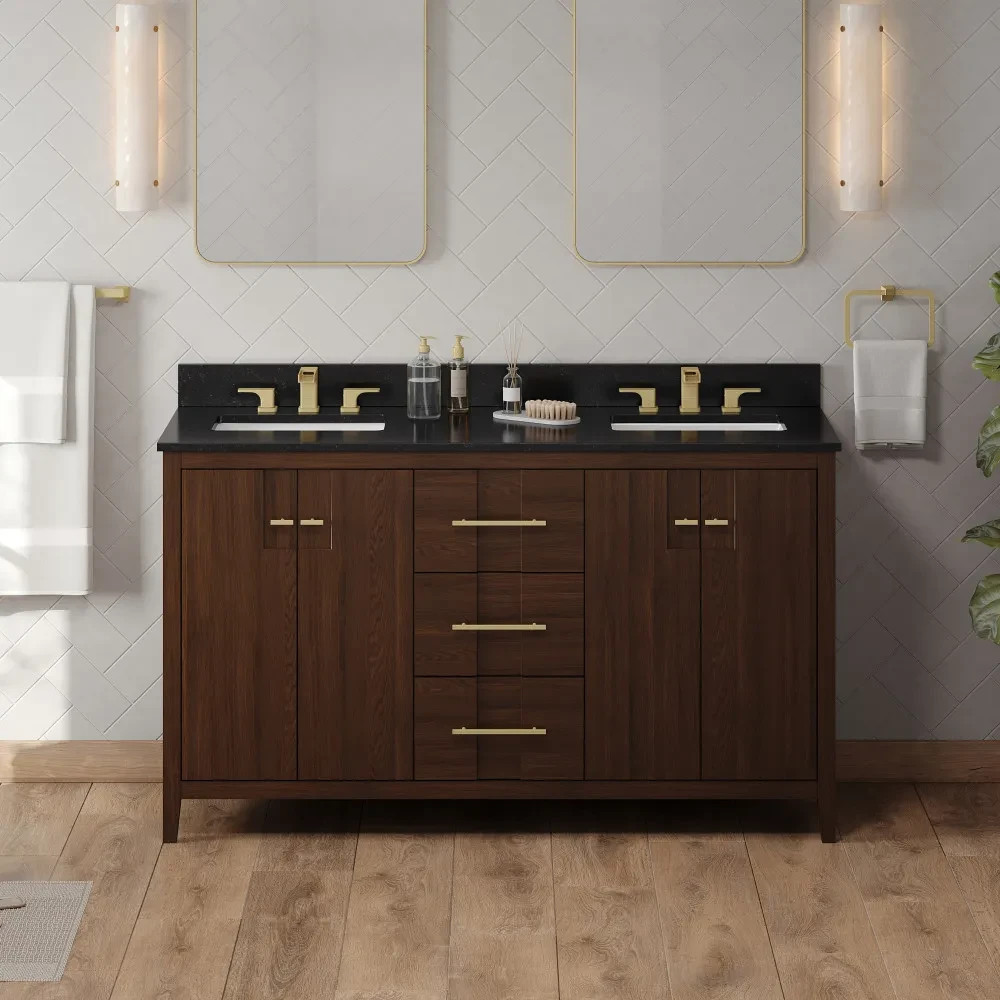 60″ Katara Dark Walnut Double Bowl Bathroom Vanity + Black Granite Countertop