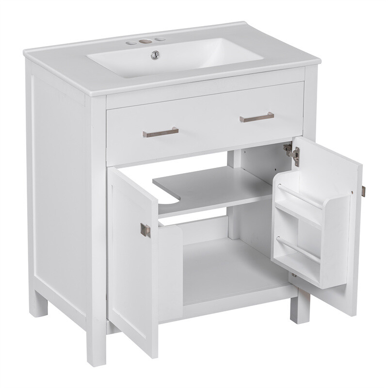 30-inch White Bathroom Vanity w/Ceramic Sink,Soft Close Doors & Flip-out Drawer