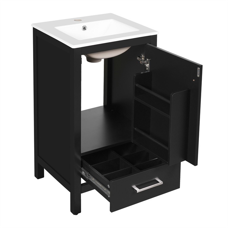 18″ Modern Bathroom Vanity with Ceramic Sink,Soft-Close Drawers & Door Organizer