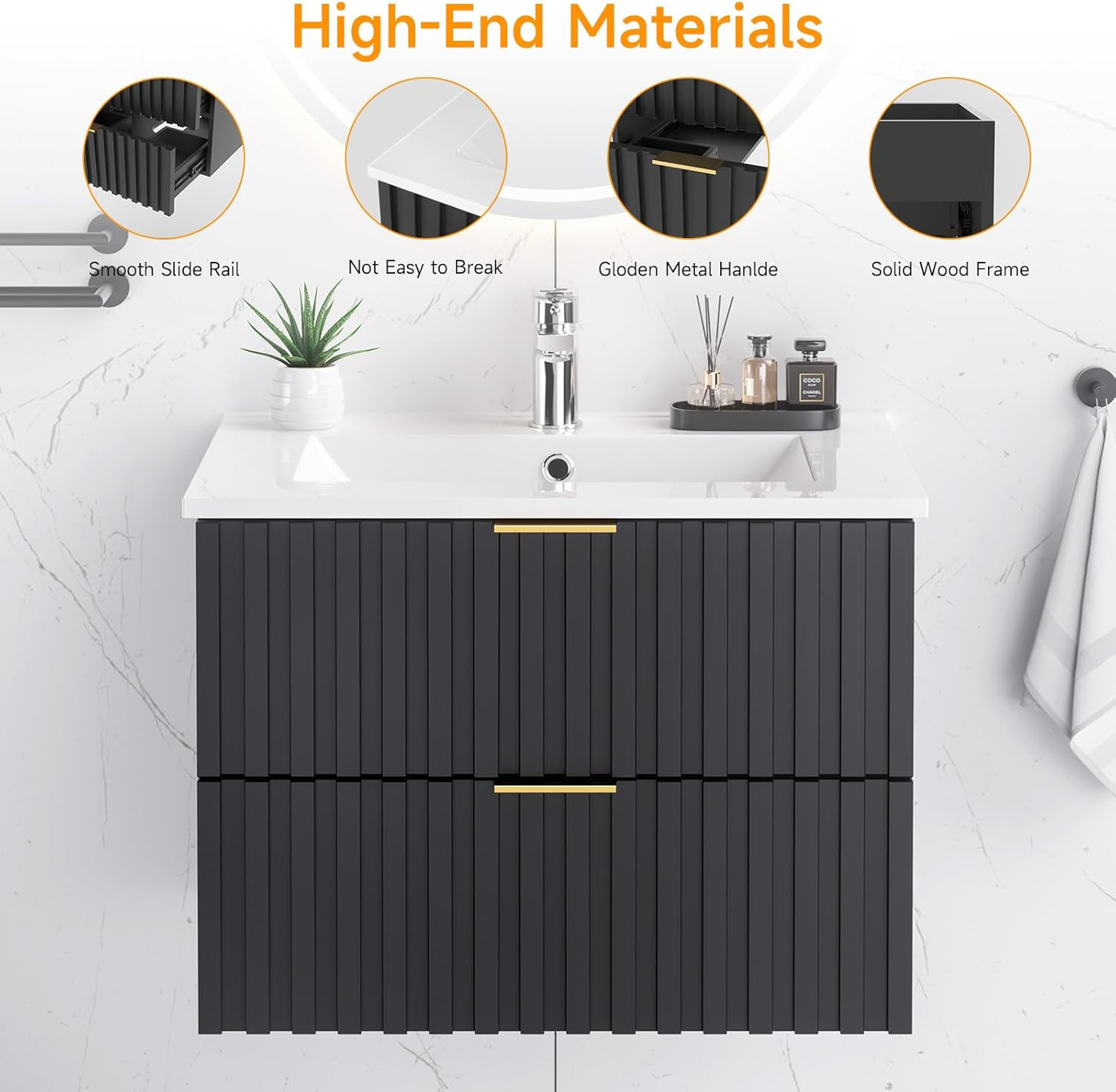 Bathroom Vanity with Sink, Wall Mounted Fluted Cabinet with 2 Golden Metal Handl
