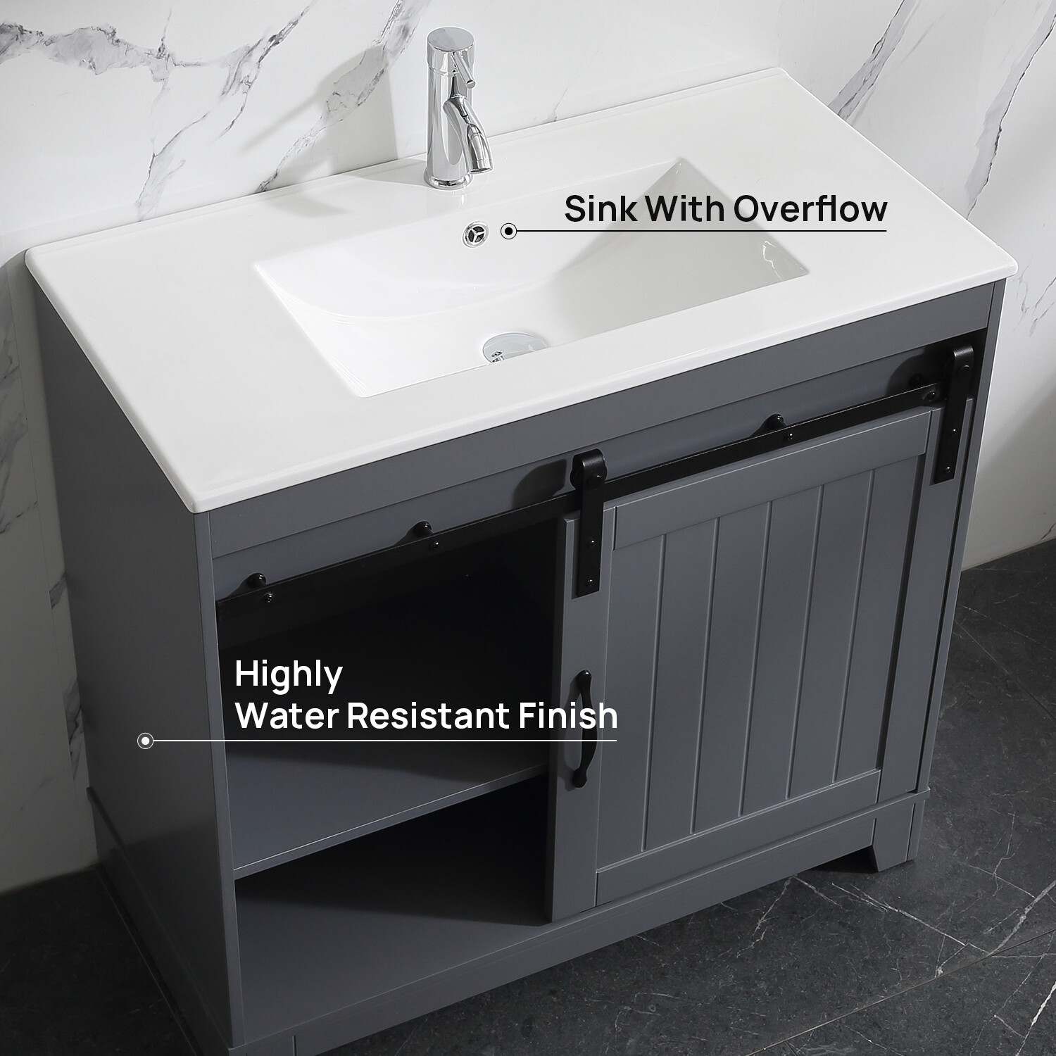 36″ Sliding Door Bathroom Vanity w/ Undermount Sink Faucet Mirror Gray Modern