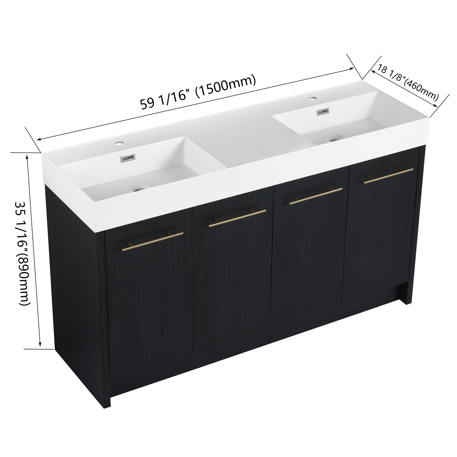 60 in Wood Freestanding Bathroom Vanity W/ Resin Double Sink Door Cabinet Black