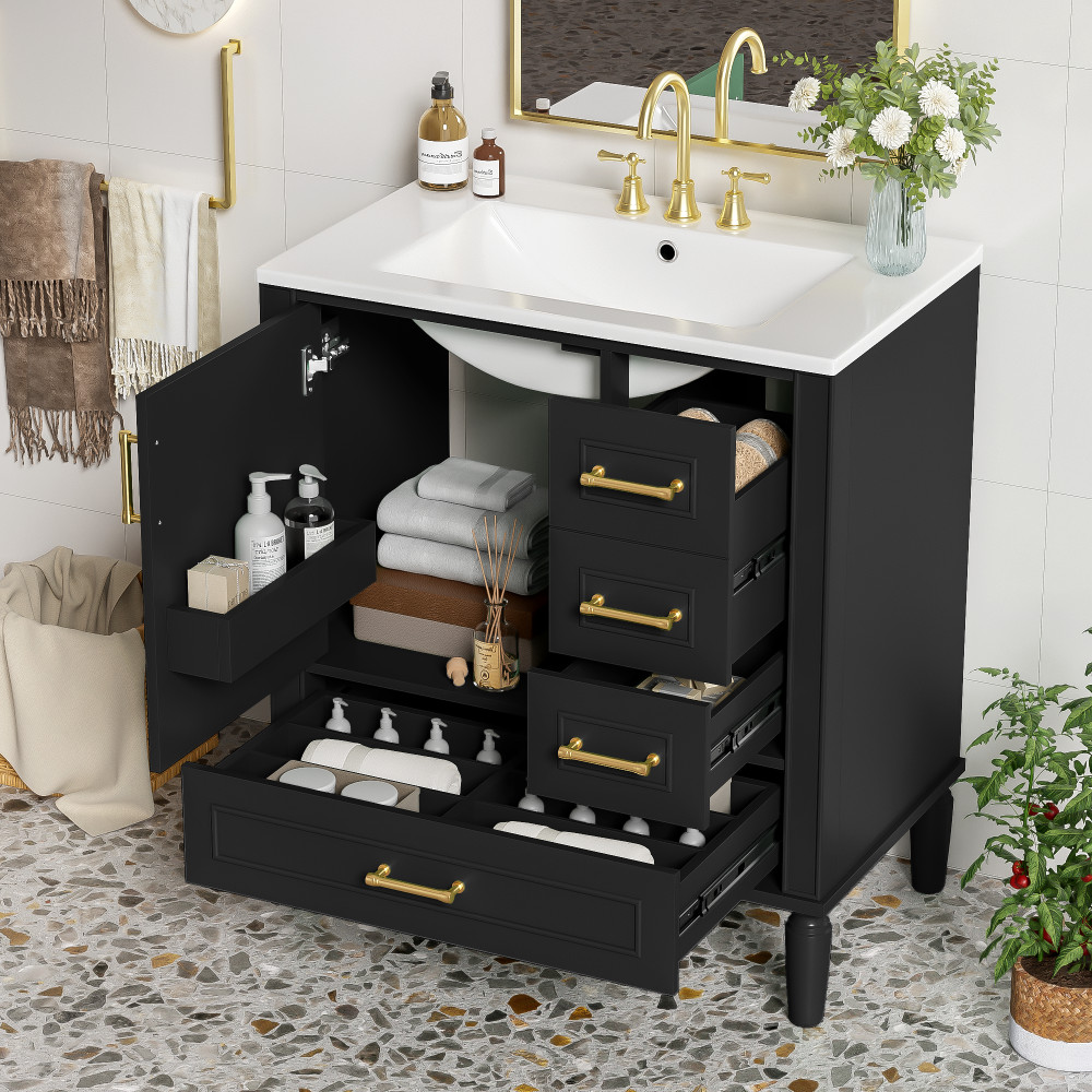 Traditional 30″ Black Bathroom Vanity Set, Floor Standing, with Three Drawers