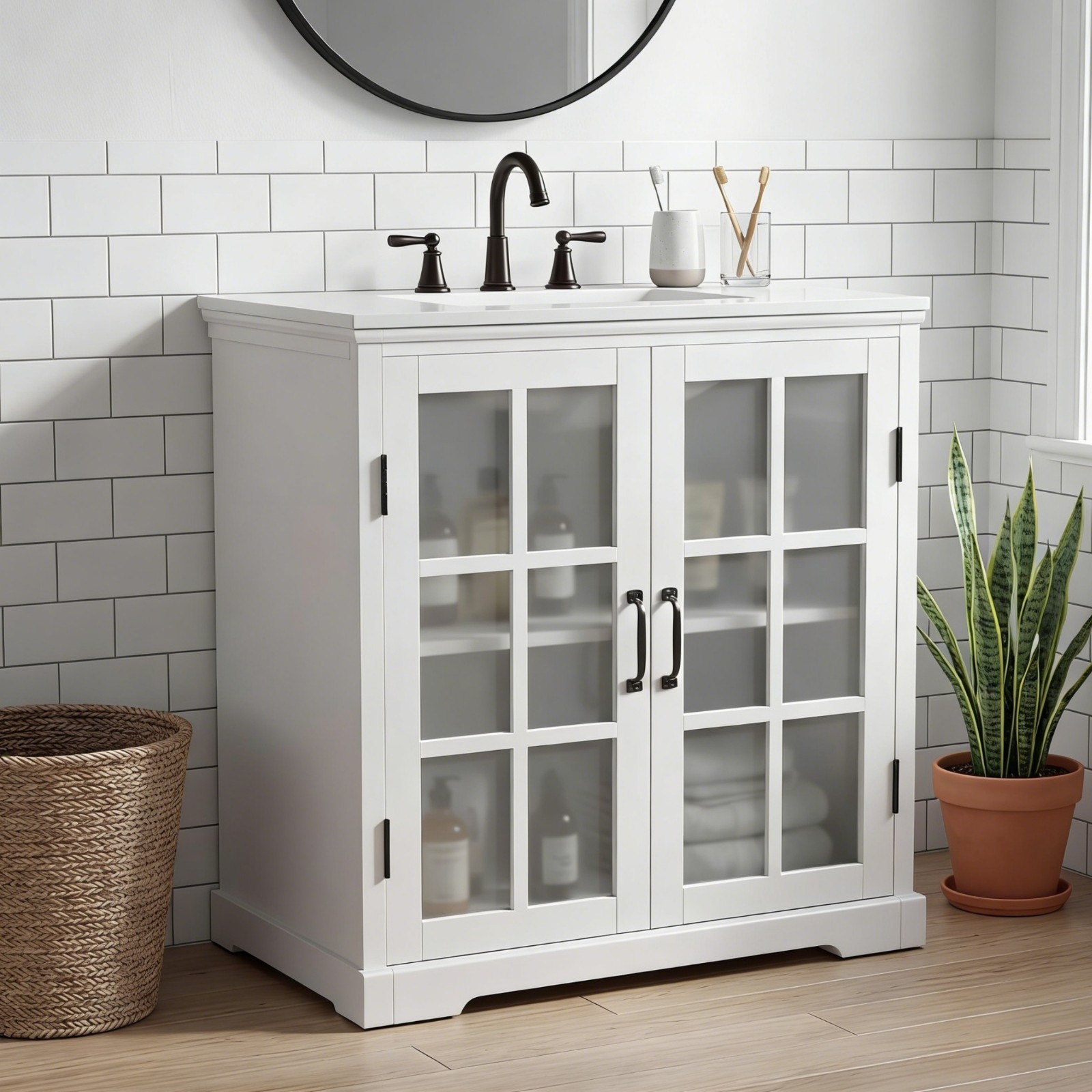 30″Bathroom Vanity with Ceramic Sink and Tempered Blurred Glass & Matte Handles