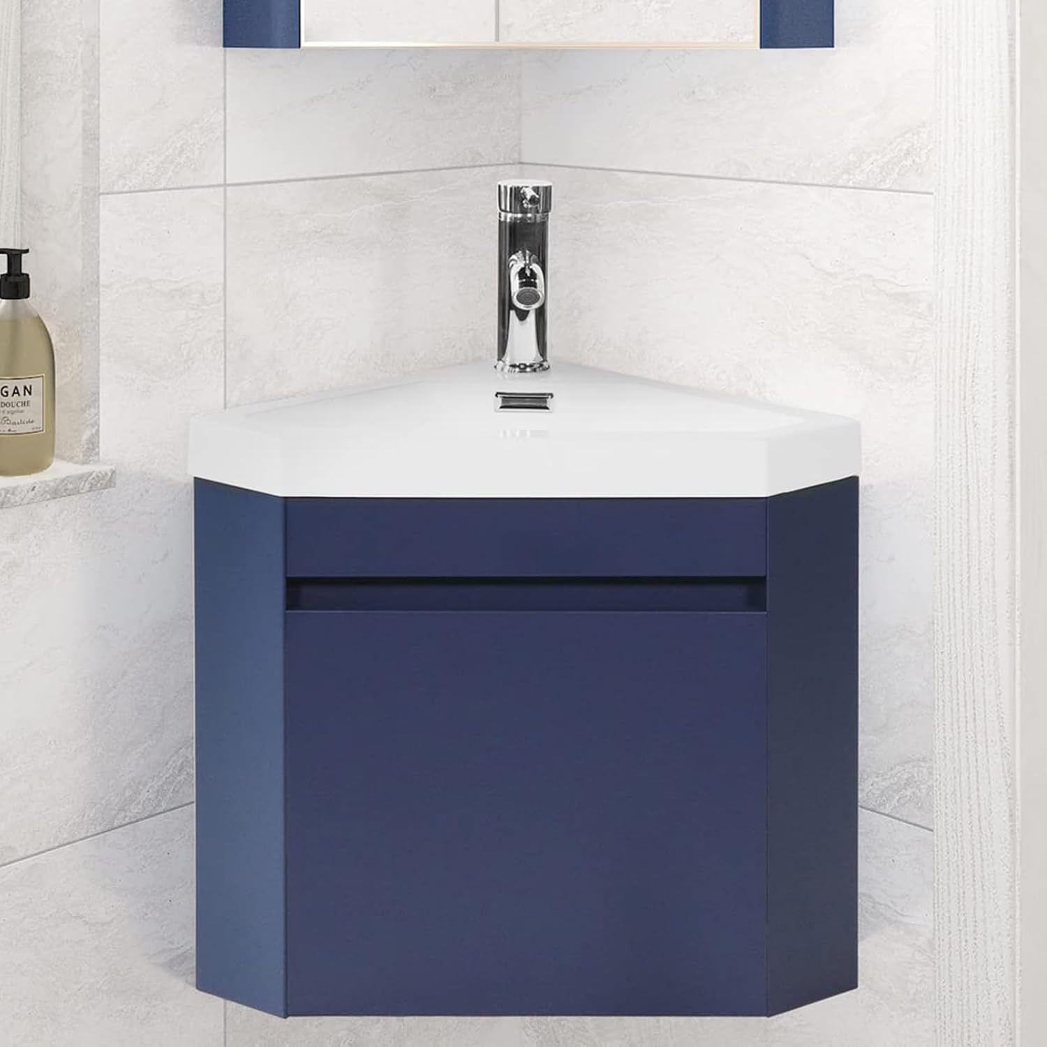 Navy 16″ Corner Bathroom Vanity Sink Combo with Chrome Faucet & Drain