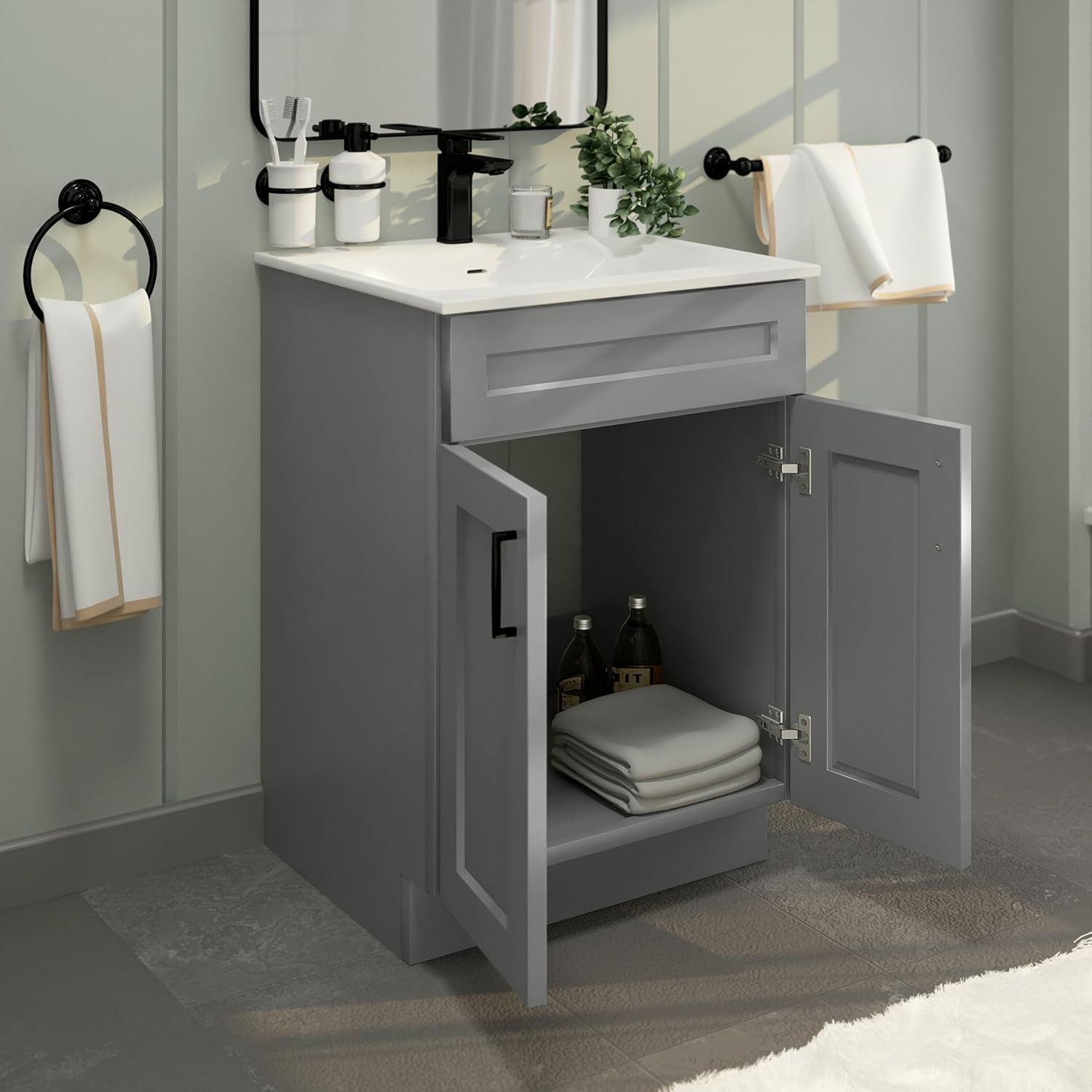Light Grey 24″ Shaker Bathroom Vanity Sink Base – Ready to Assemble